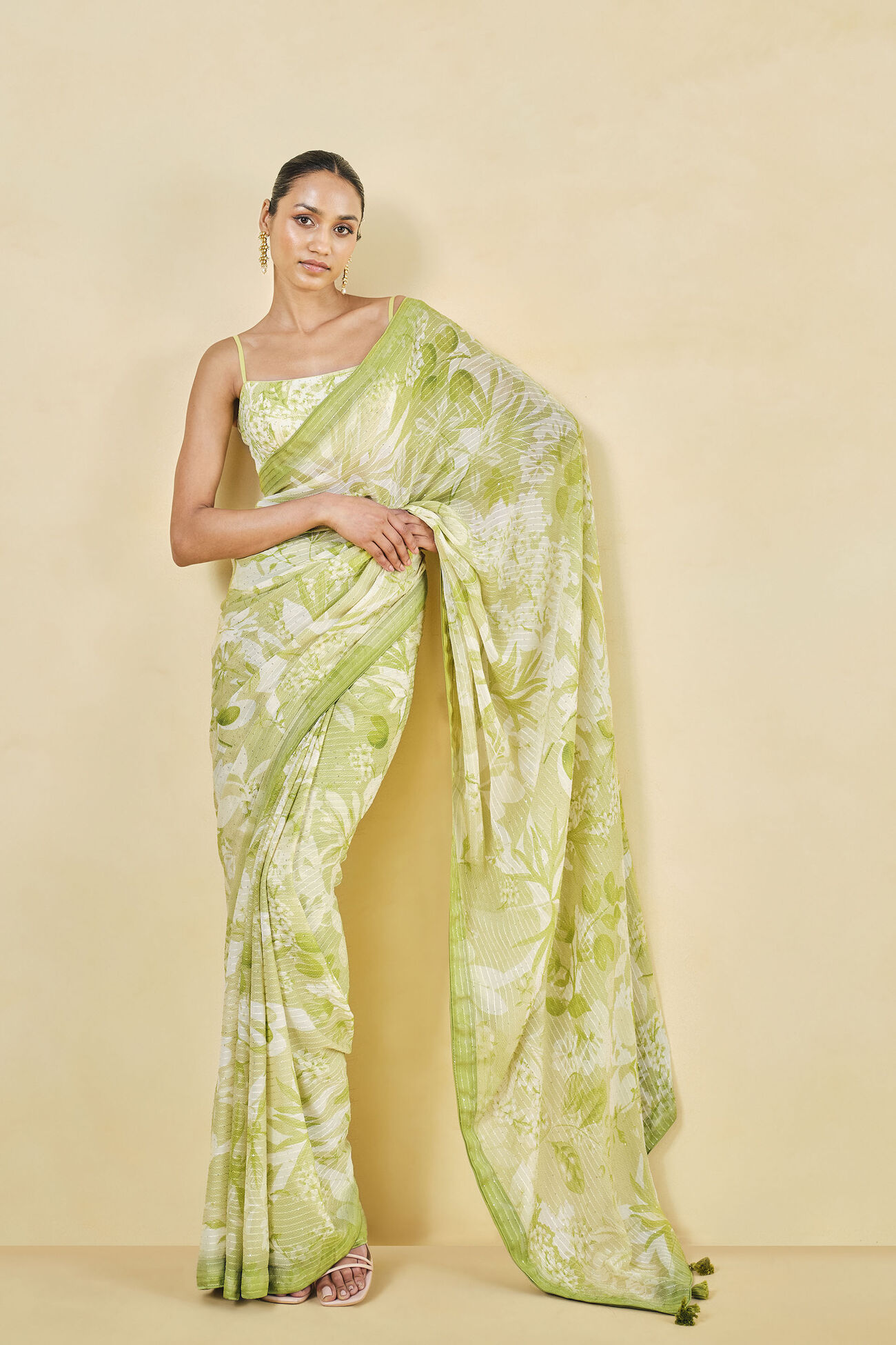 From The Tropics Georgette Saree - Lime, Lime, image 1