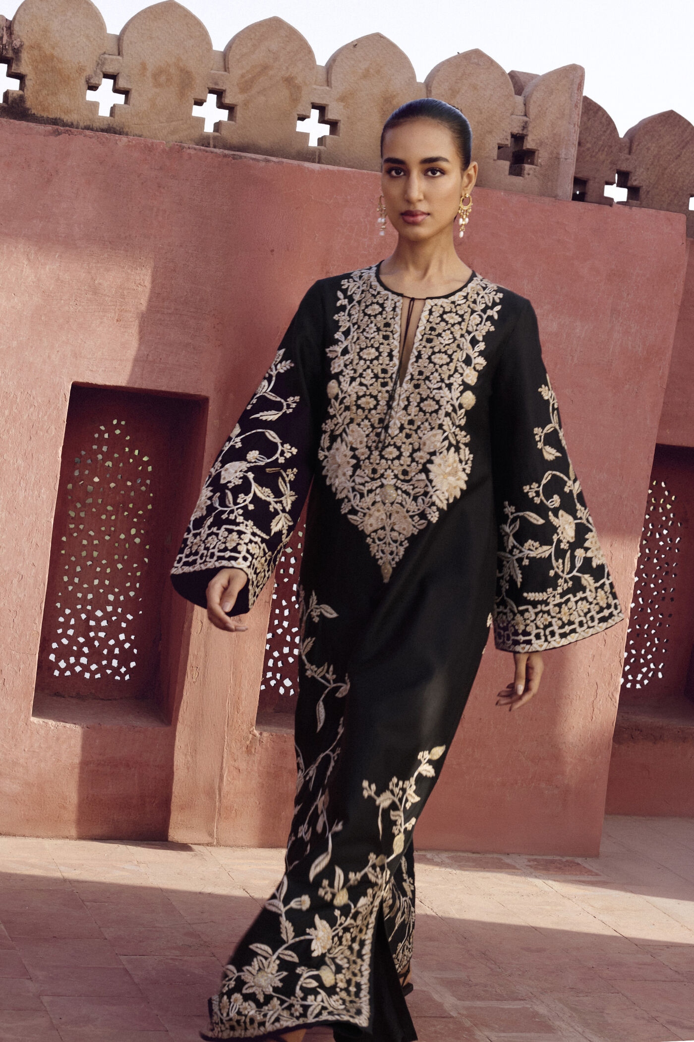 black silk kaftan dress Golden Spiral Silk Black Kaftan Dress