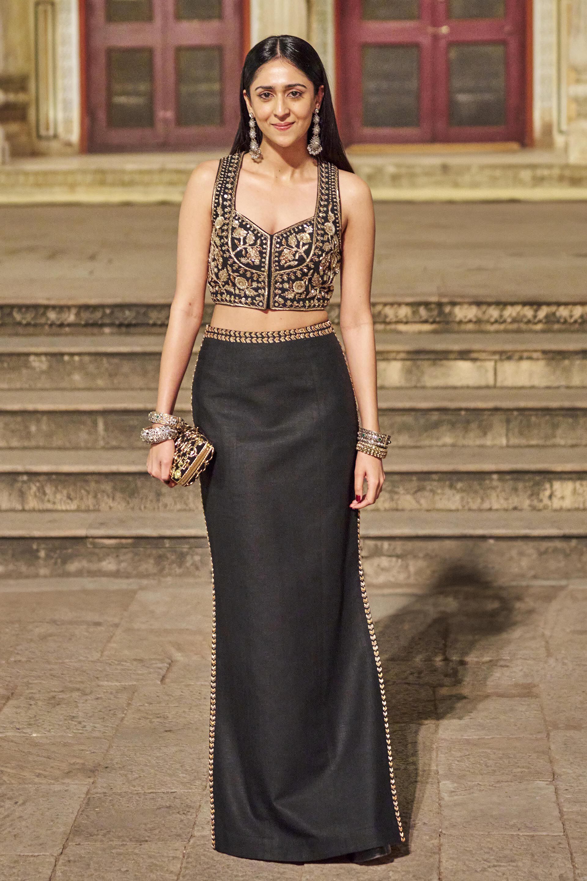 Ballad Of The Woods Embroidered Zardozi Silk Skirt Set - Black