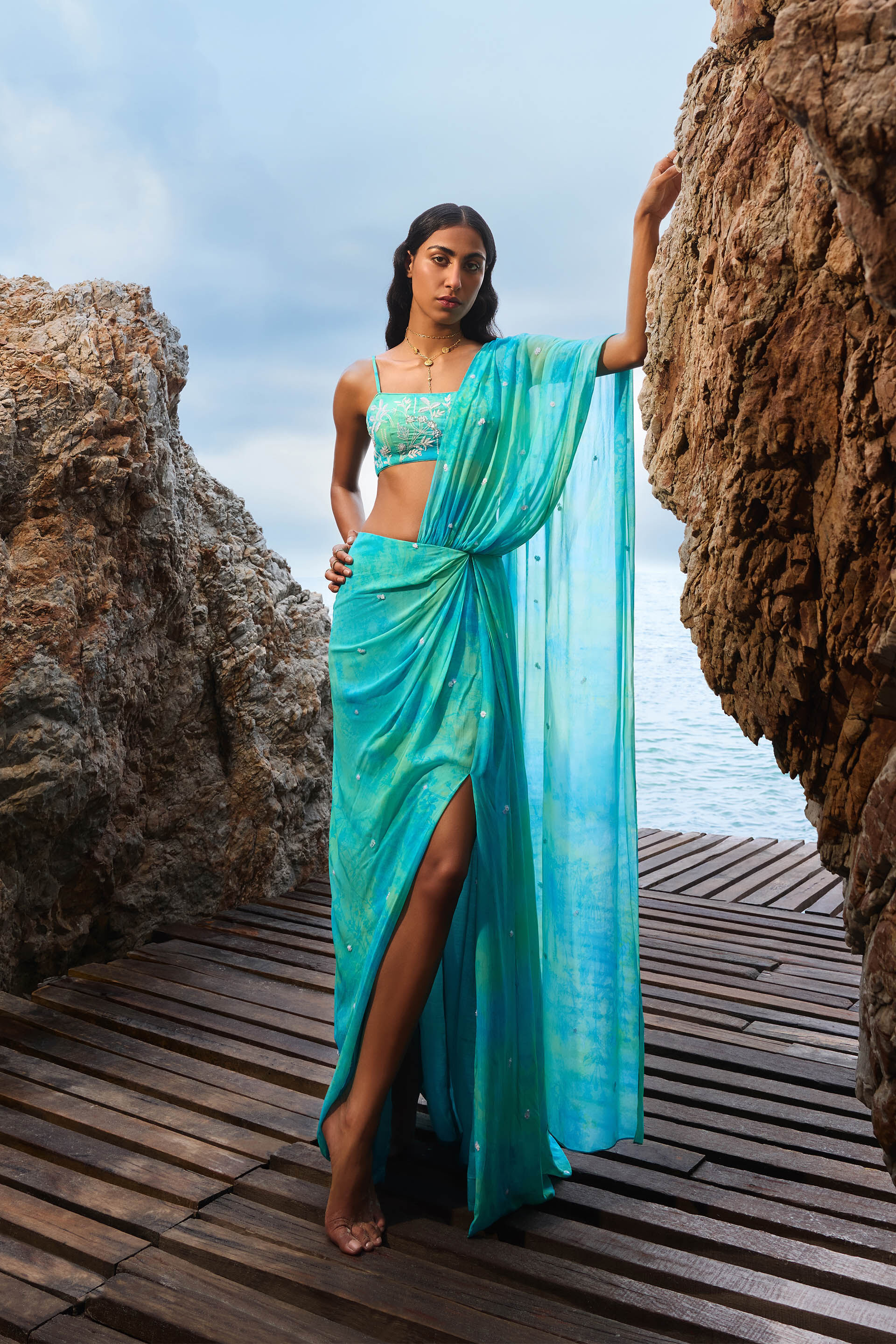 Praya Georgette Pre-draped Saree Set - Aqua, Aqua, image 1