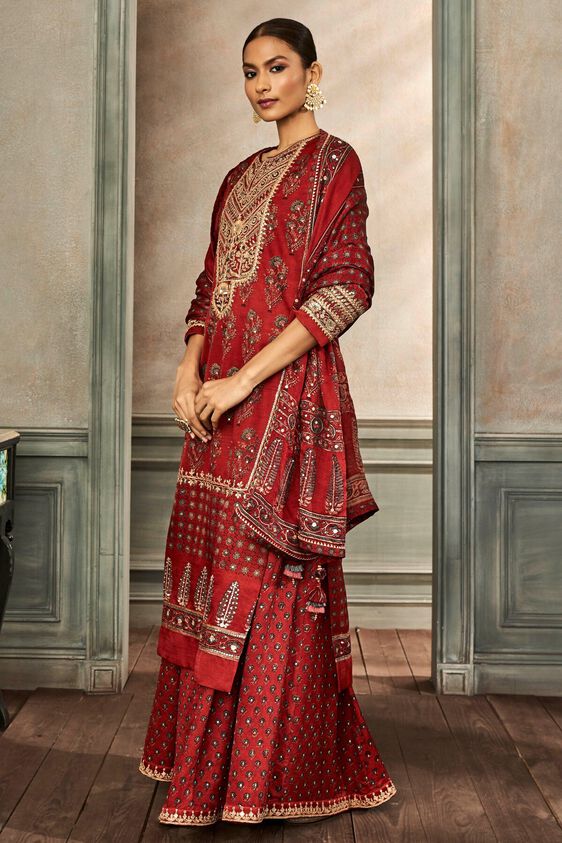 3 - Tarita Ajrakh Sharara Set – Red, image 3