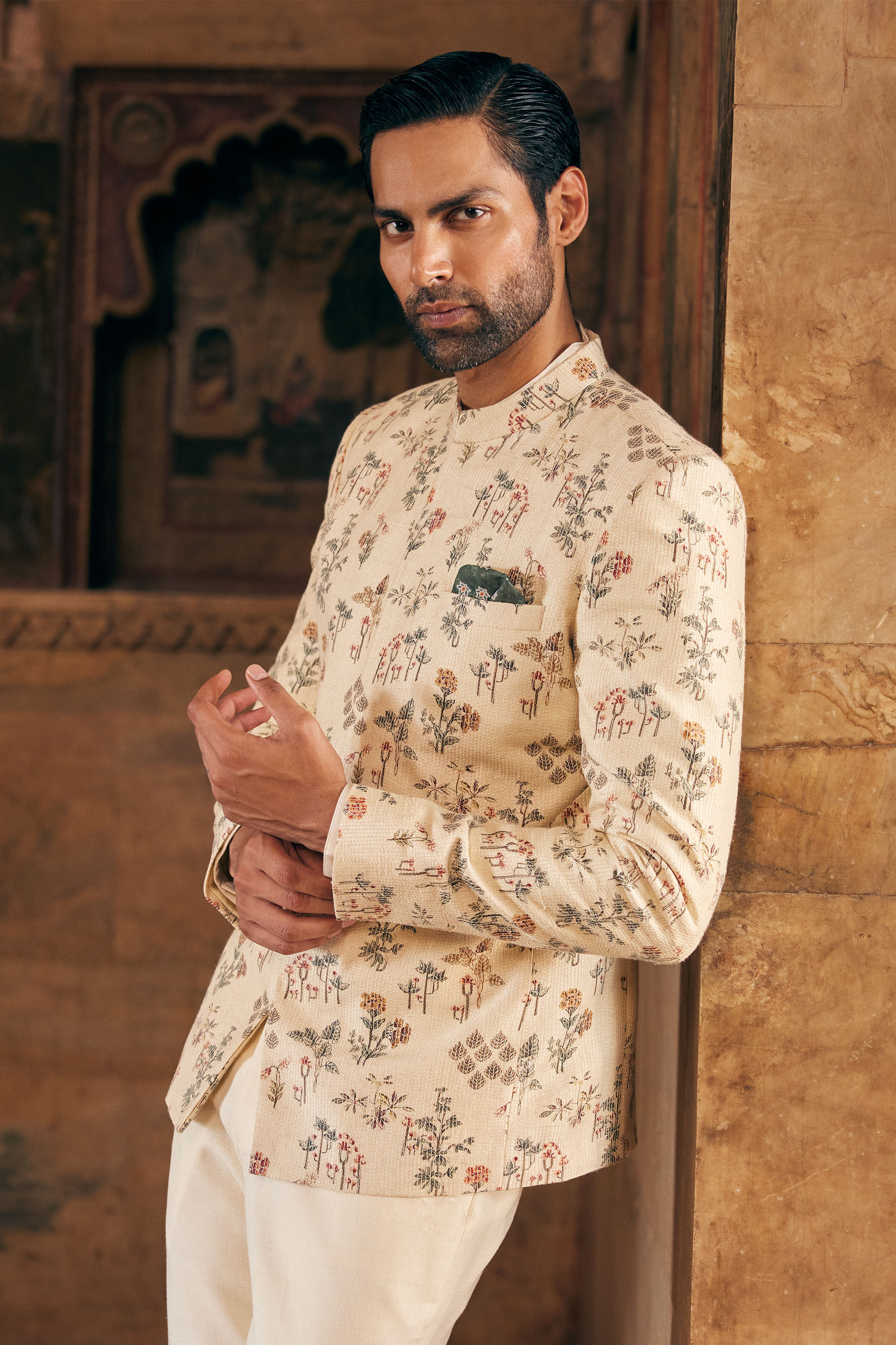 Suhan Printed Silk Bandhgala - Cream, Cream, image 4