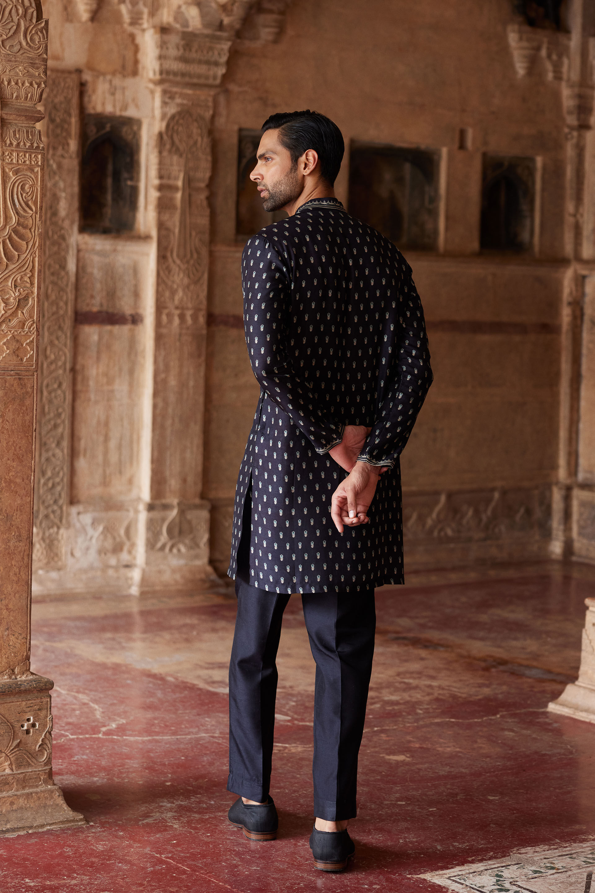 Ashvath Printed Silk Kurta - Black
