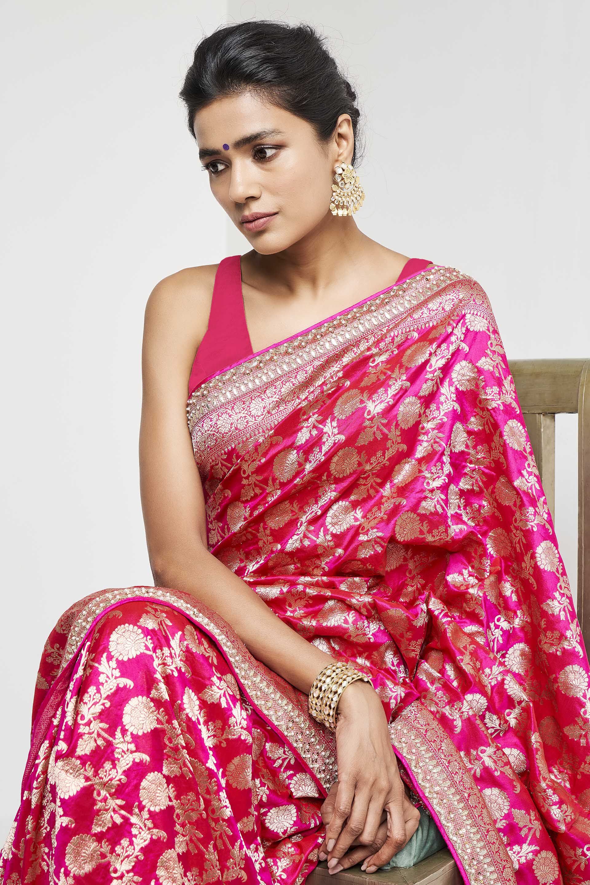 Light Fuchsia Pink & Green Color Pure Karan Banarasi Saree – IndyVogue |  Silk saree blouse designs, Indian silk sarees, Bridal silk saree