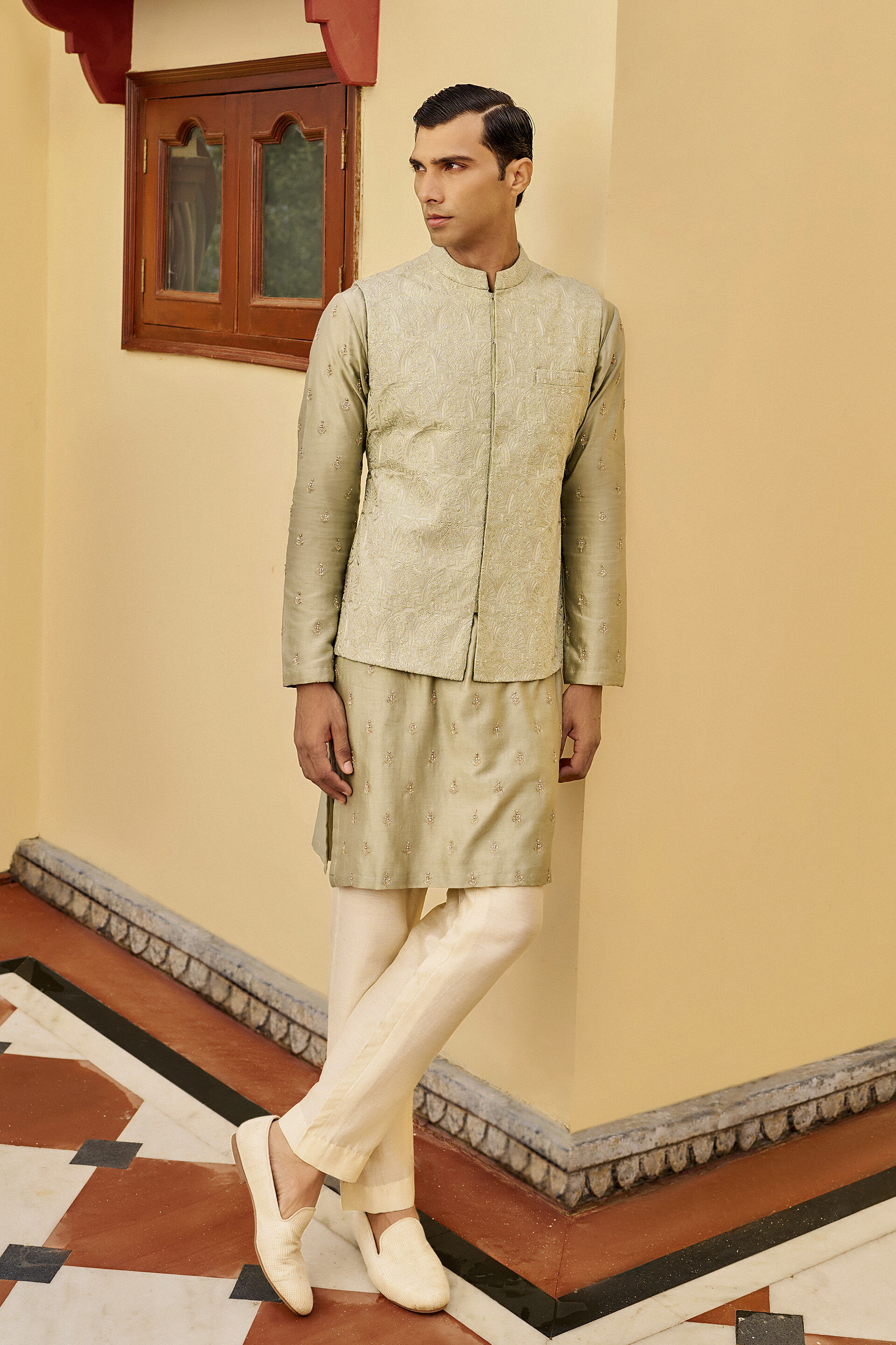 Fondness Embroidered Silk Nehru Jacket - Sage, Sage, image 1