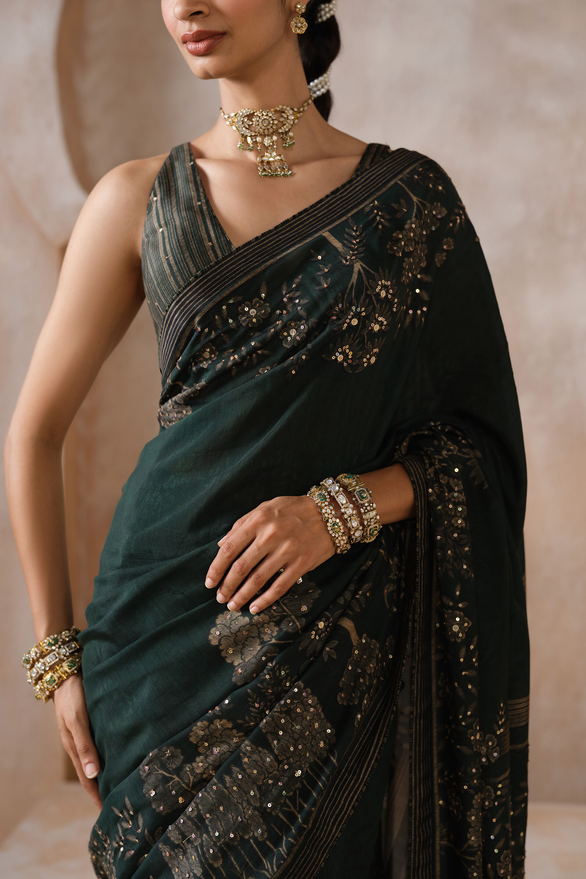 Anaiza Sequin Chiffon Saree - Green, Green, image 5