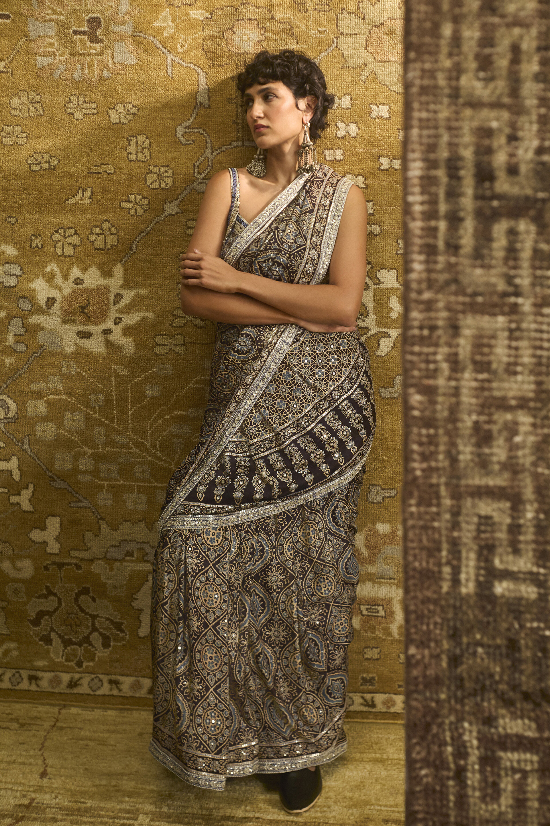 Zansi Ajrakh Hand-block Printed Silk Saree - Black