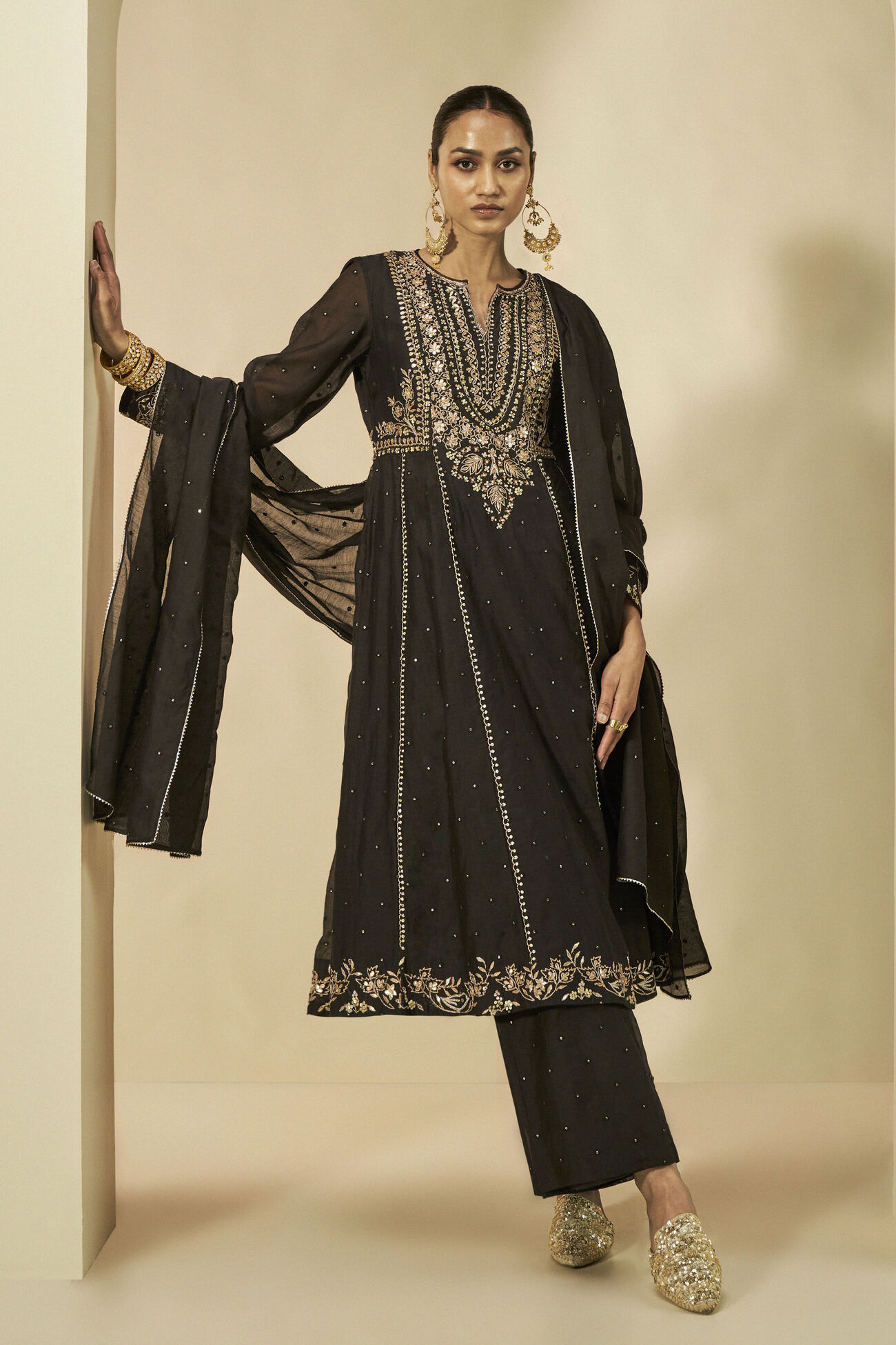 Shahla Gota Patti Embroidered Mull Suit Set - Black, Black, image 1