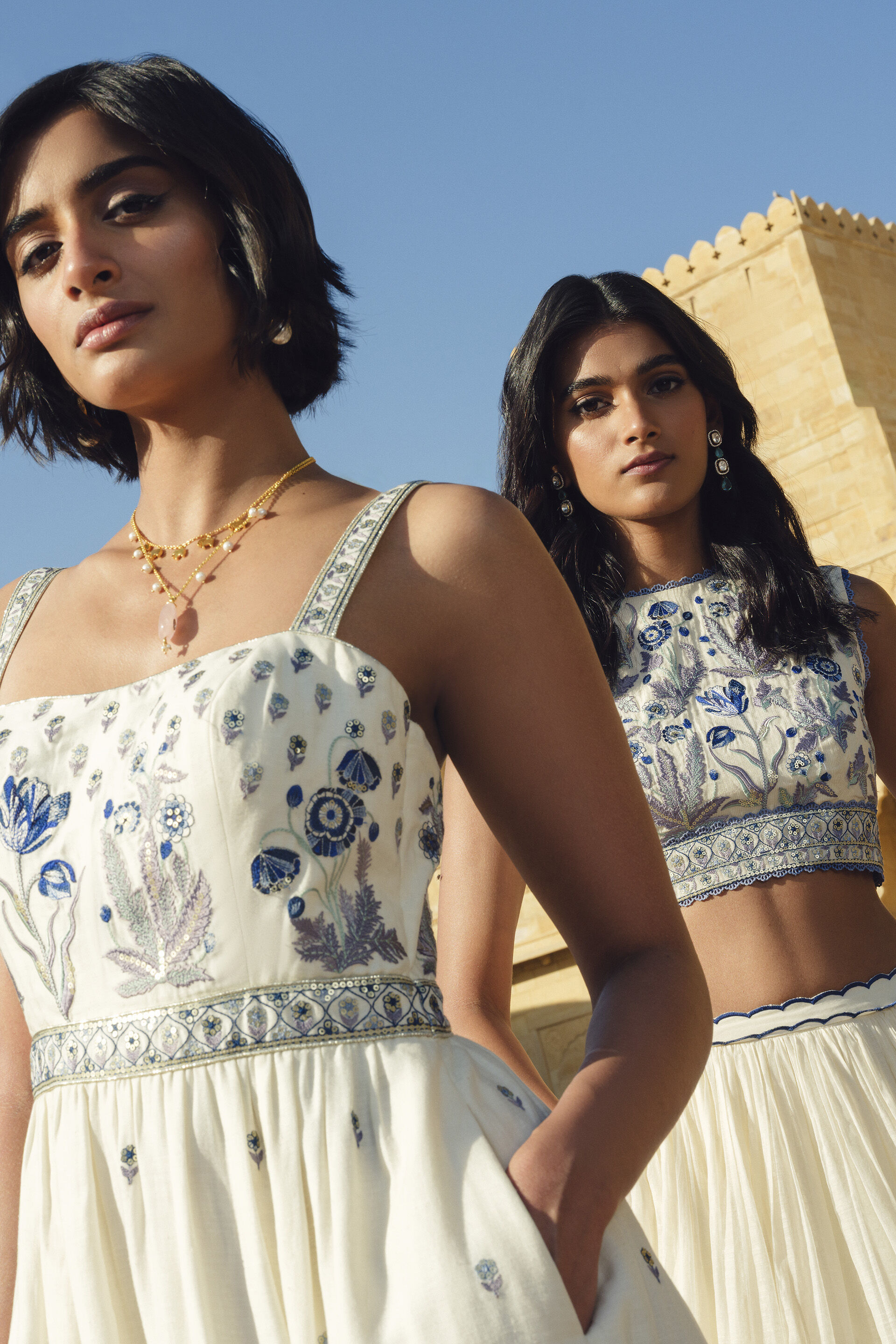 Emalia Embroidered Mul Skirt Set - Natural, White, image 7