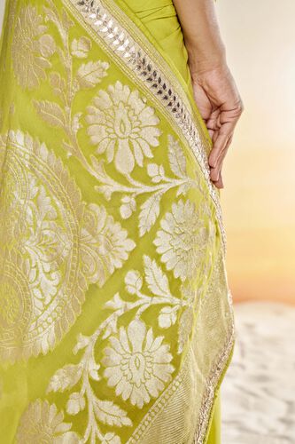 Abhinaya Benarasi Silk Embroidered Saree, Lime, image 6