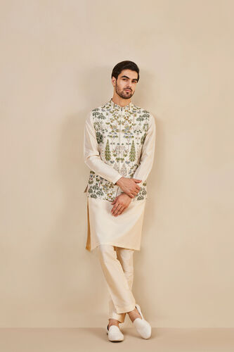 Nalesh Hand-painted Pichhwai Silk Nehru Jacket, Off White, image 2
