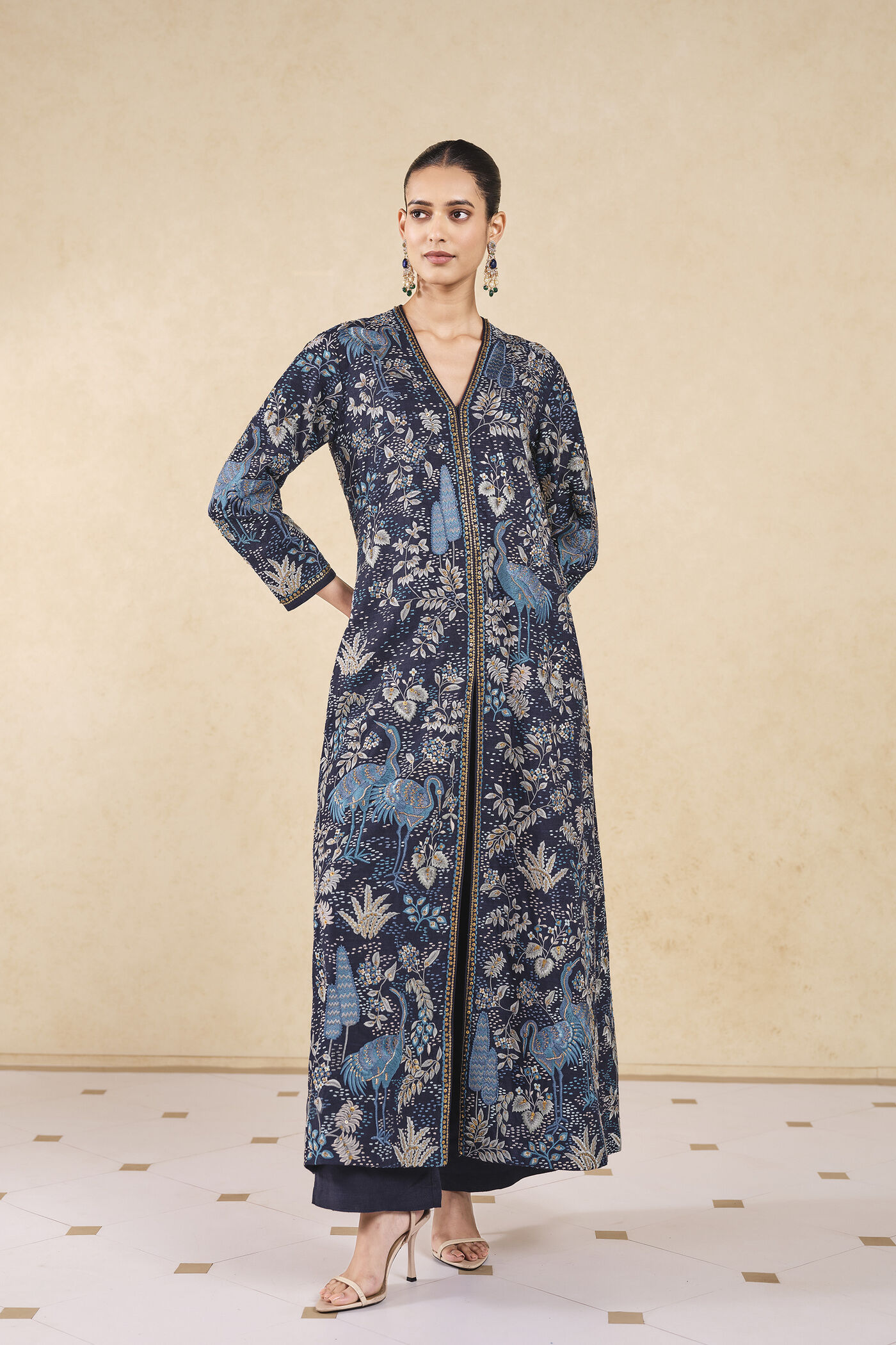 Shirina Embroidered Silk Jacket Set - Blue