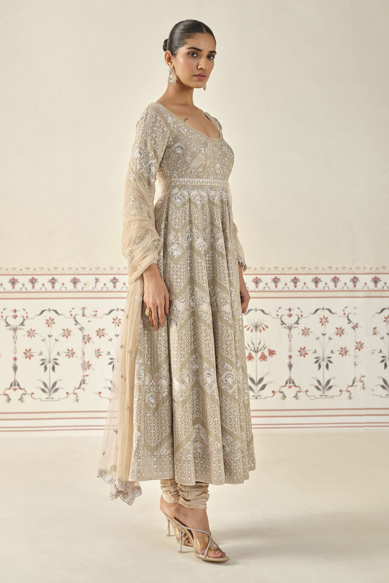 Rafah Embroidered Anarkali Set - Nude, Beige, image 3