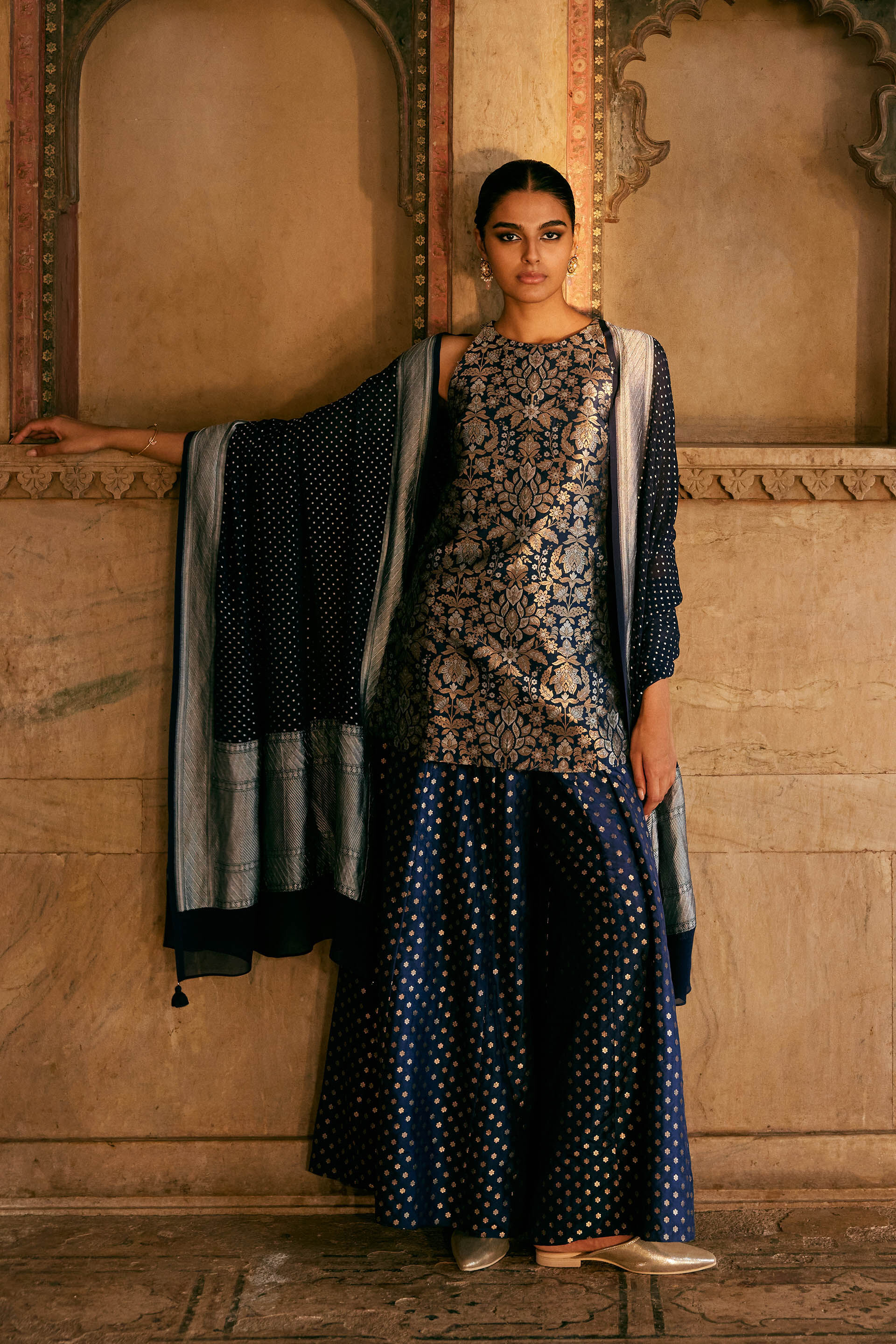 Swadha Handwoven Benarasi Silk Sharara Set - Blue, Blue, image 1