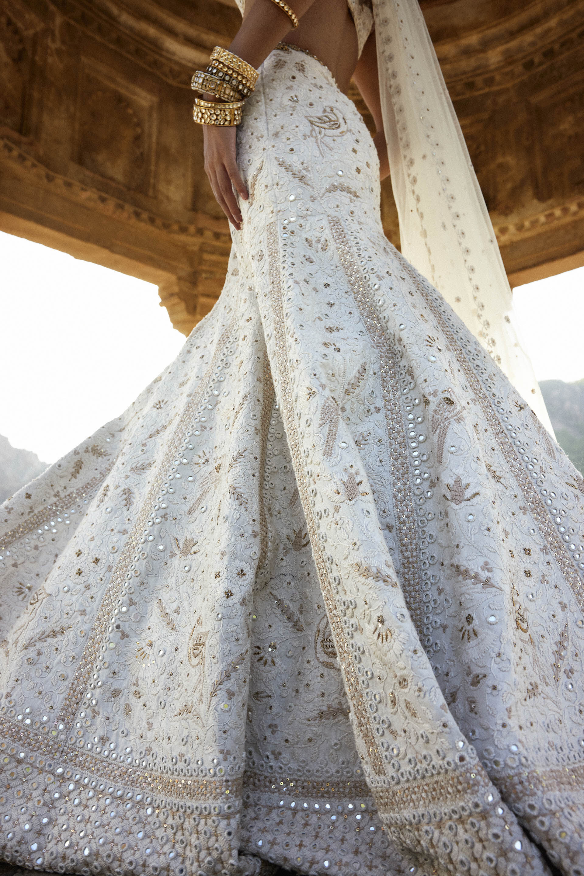 Nayaab Mirror & Zardozi Silk Skirt Set - Ivory, Ivory, image 6