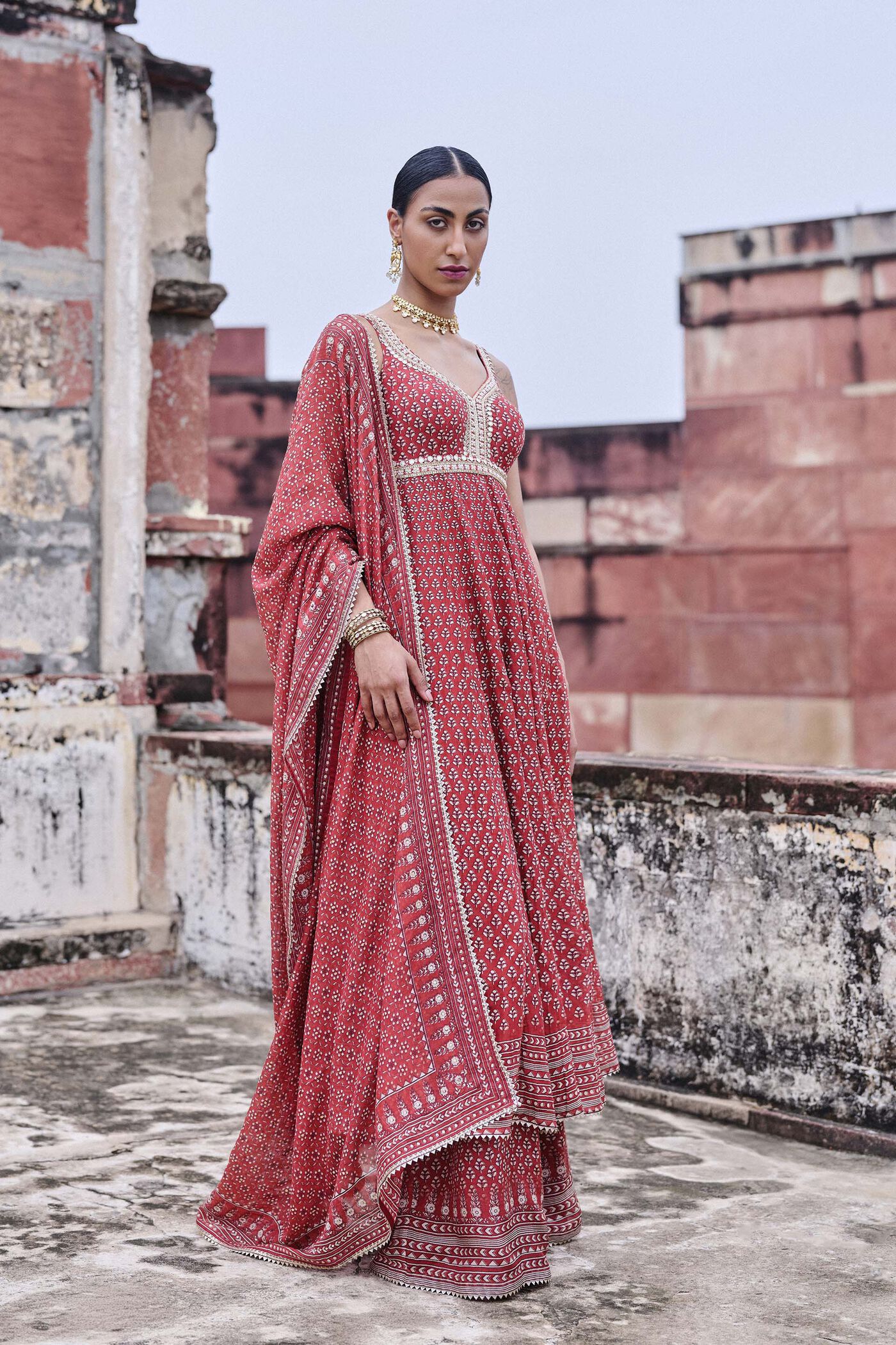 Arvia Printed Mul Anarkali Set - Red