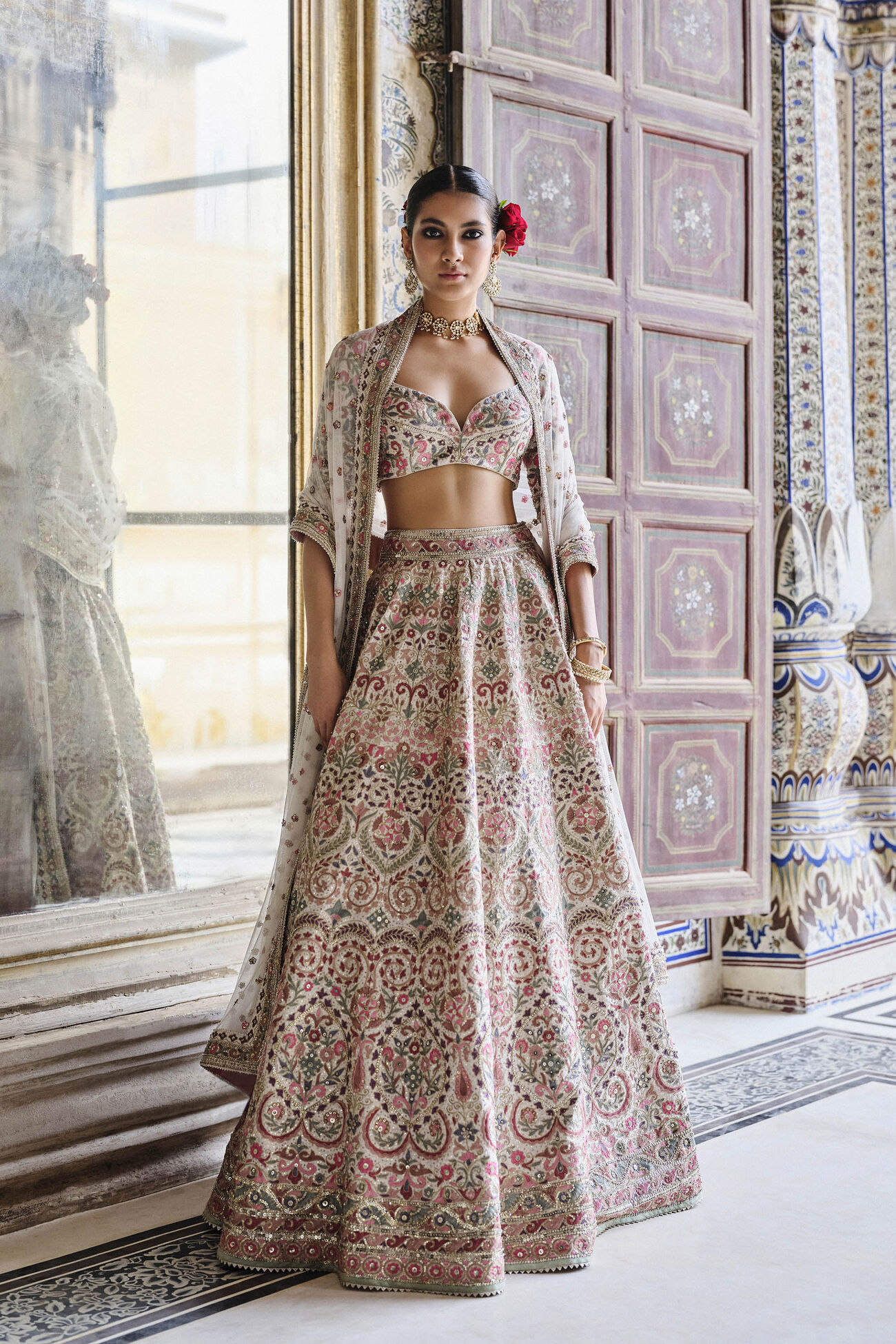 Tridha Embroidered Zardozi Silk Lehenga Set - Cream, Cream, image 5