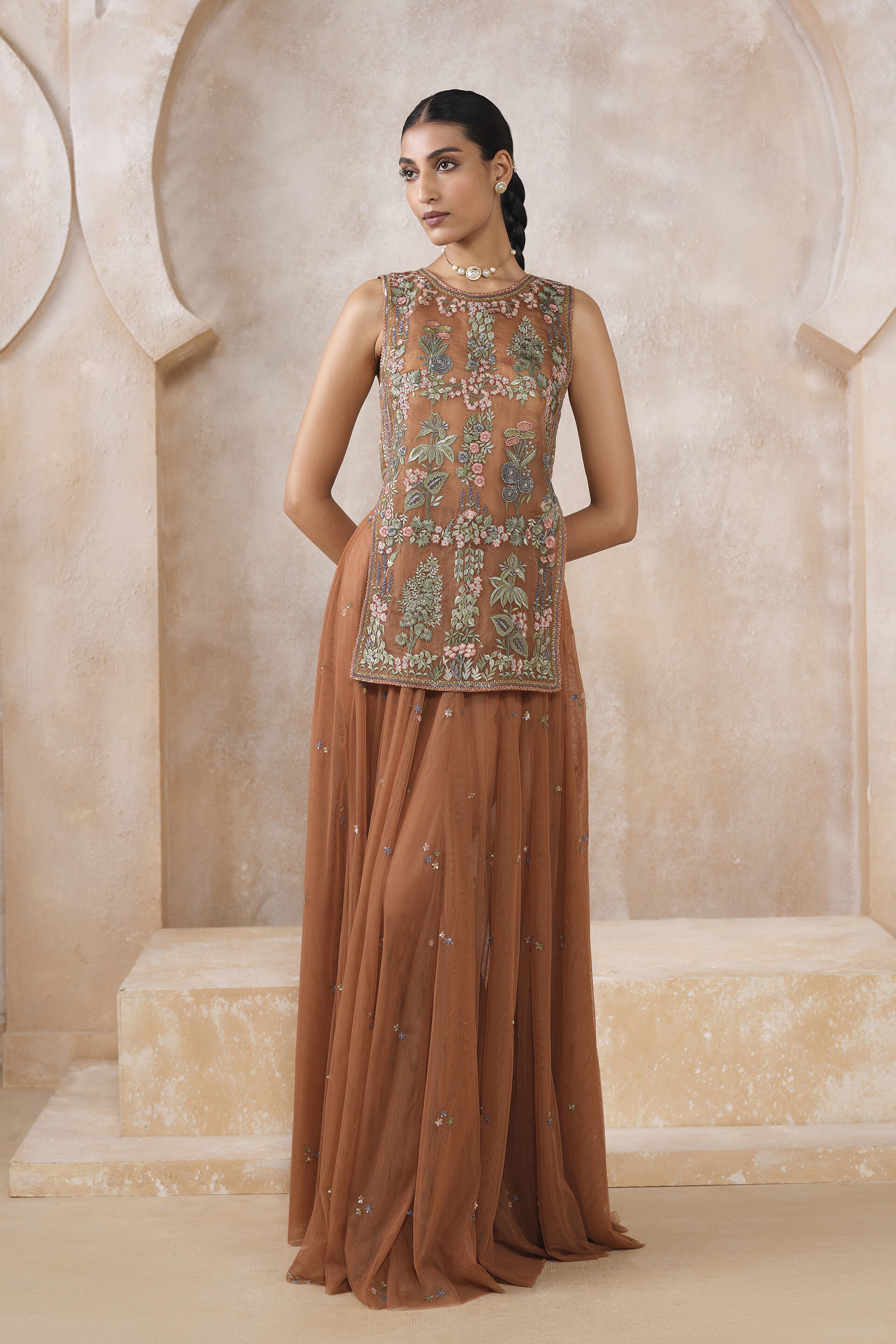 Aiza Embroidered Skirt Set - Brown