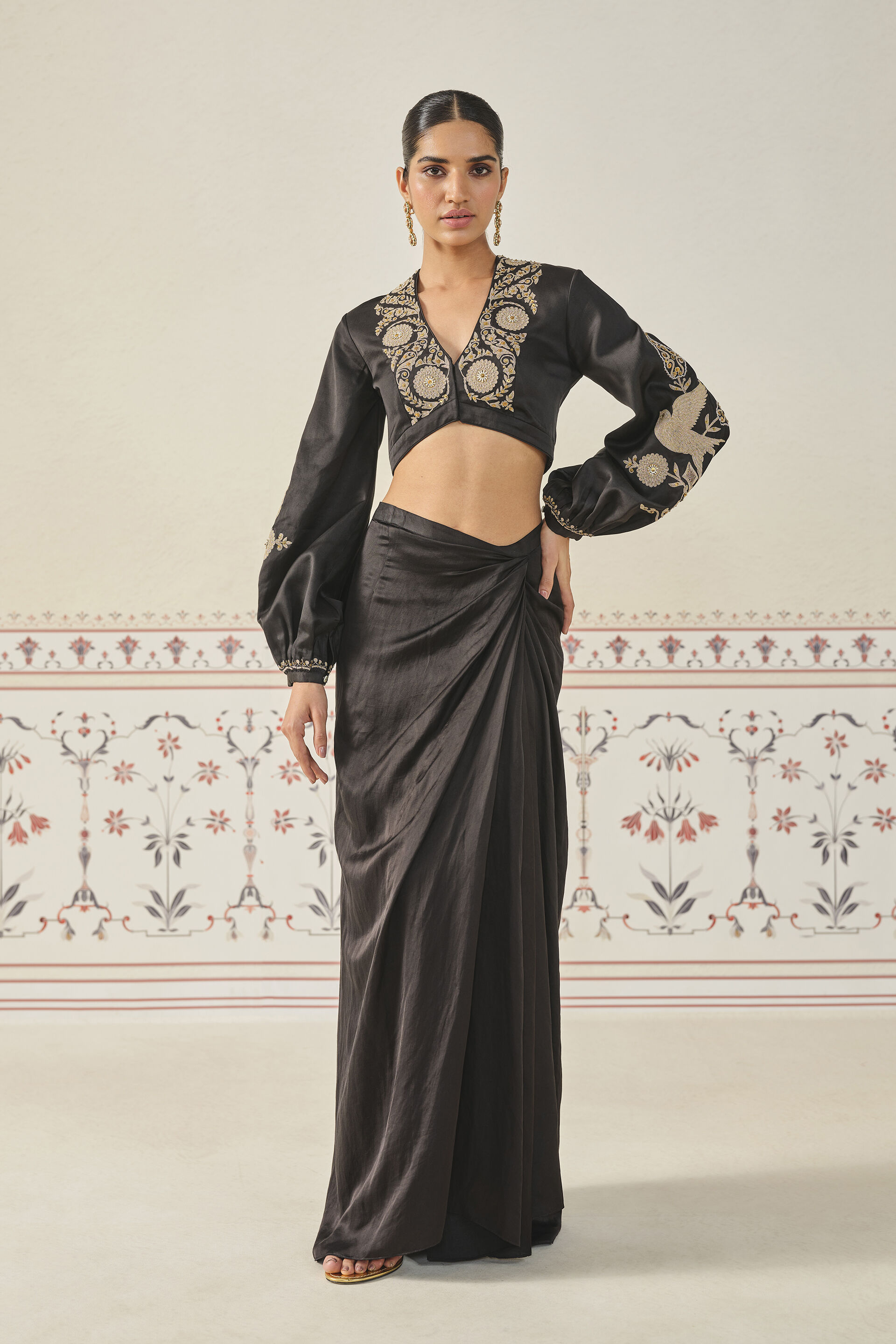 Saanjh Embroidered Cord Skirt Set - Black