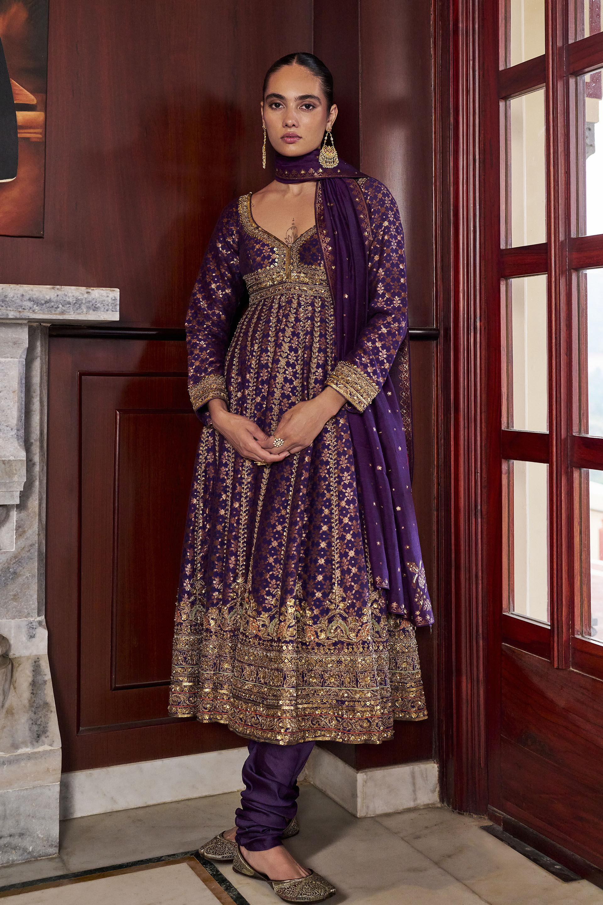 Timeless Embroidered Zardozi Mul Suit Set - ​Purple