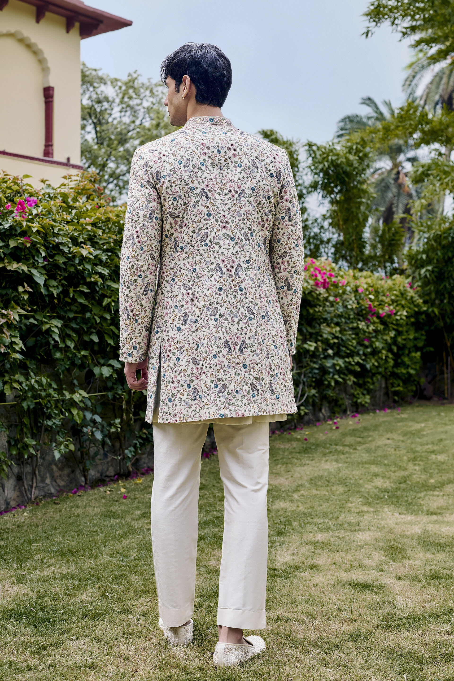 Avir Aari Embroidered Silk Sherwani - Cream, Cream, image 3