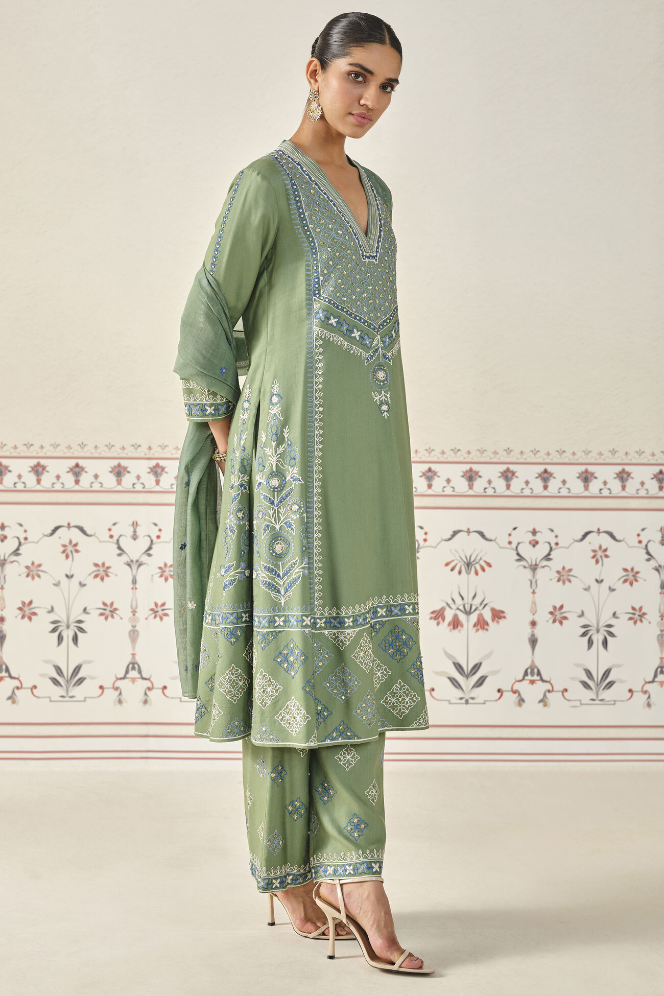 Anedya Kantha Silk Suit Set - Sage, Sage, image 3