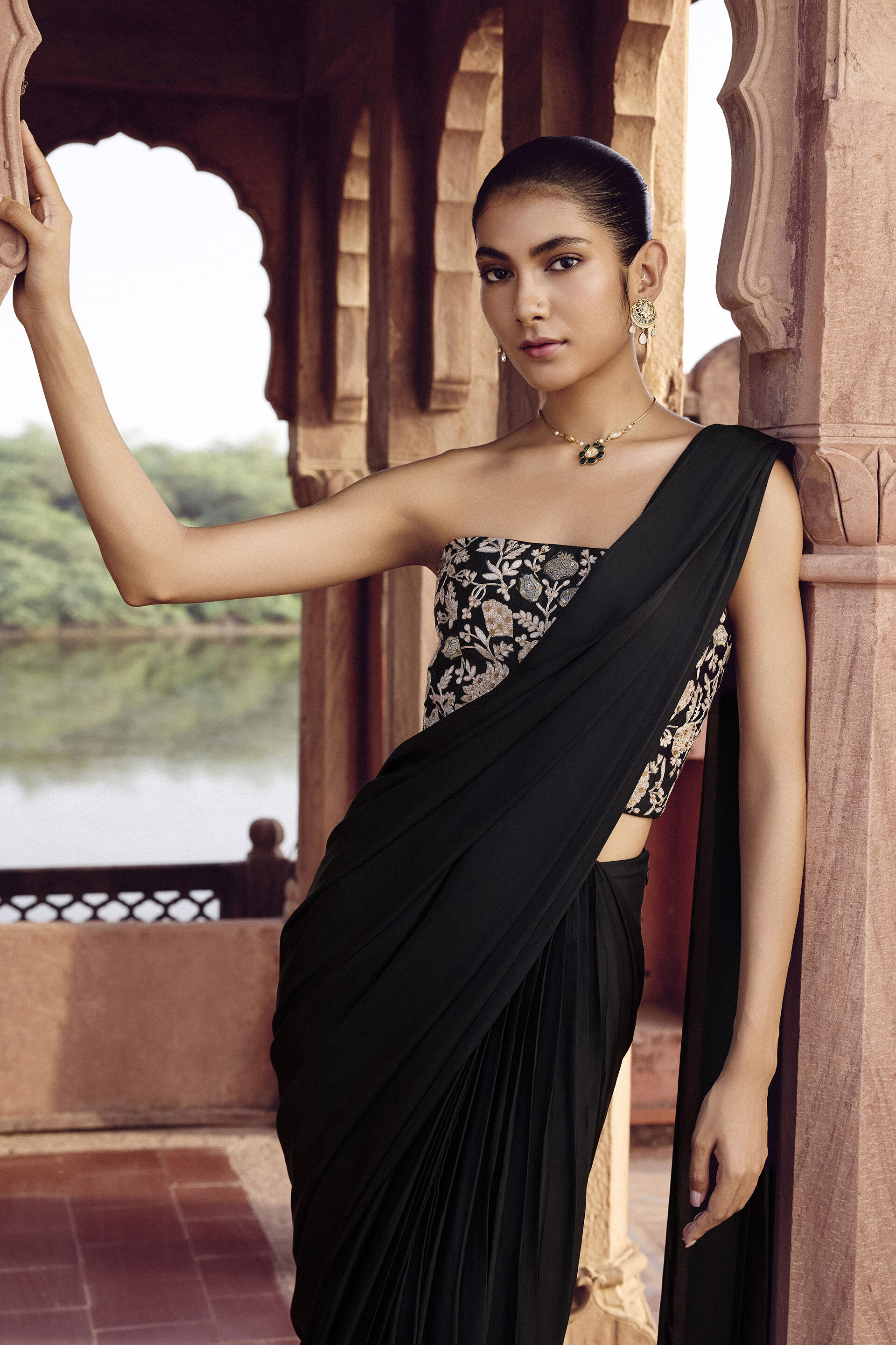Samara Embroidered Silk Pre-draped Saree - Black, Black, image 3