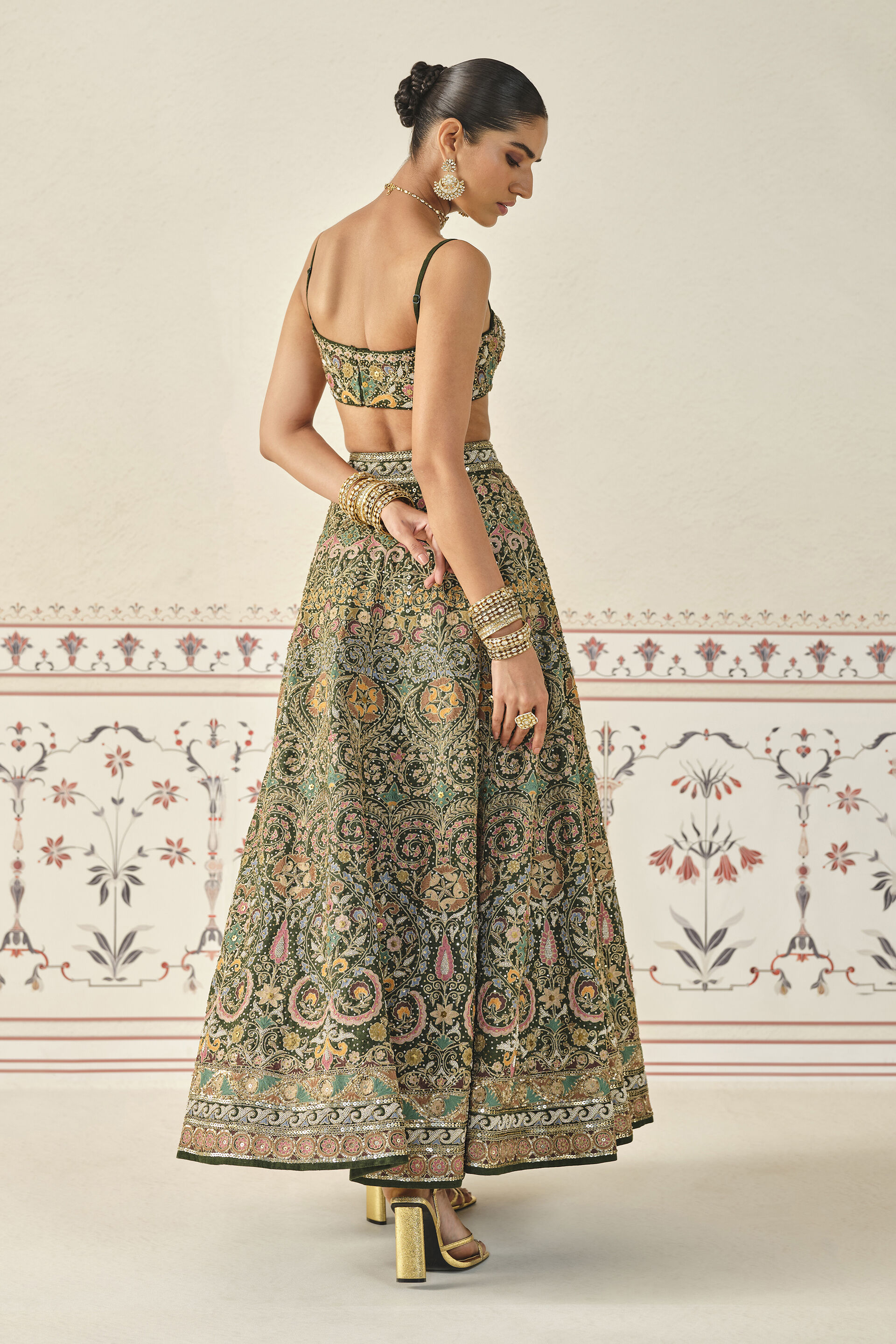 Yiska Embroidered Silk Skirt Set - Green