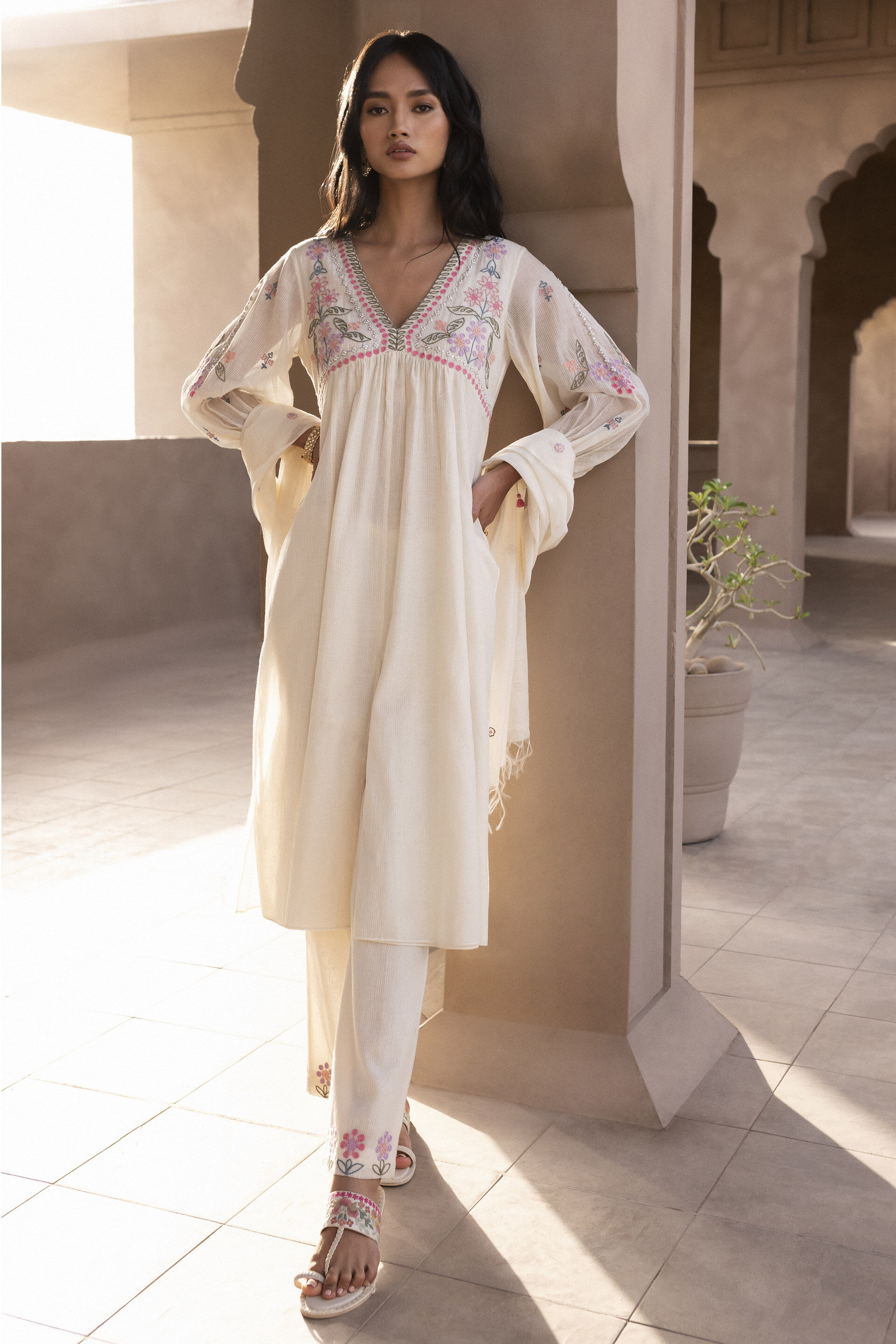 Natavia SEWA Hand embroidered Kurta Set Natural