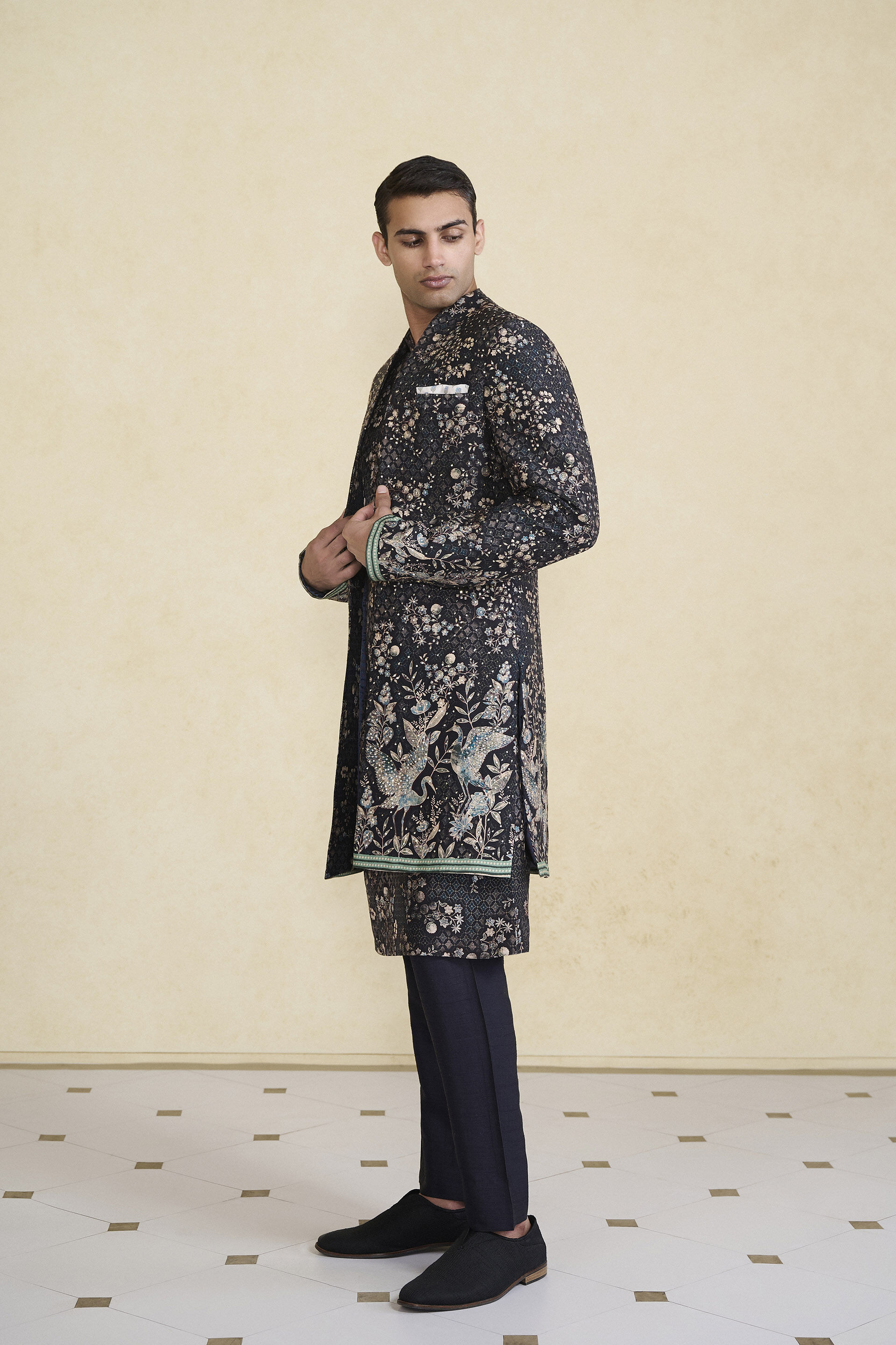 Rukham Printed Silk Sherwani - Black, Black, image 7