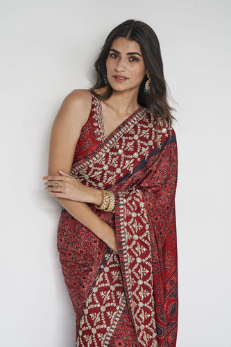Bhoomija Ajrakh Hand-block Printed Silk Saree - Red, Red, image 5