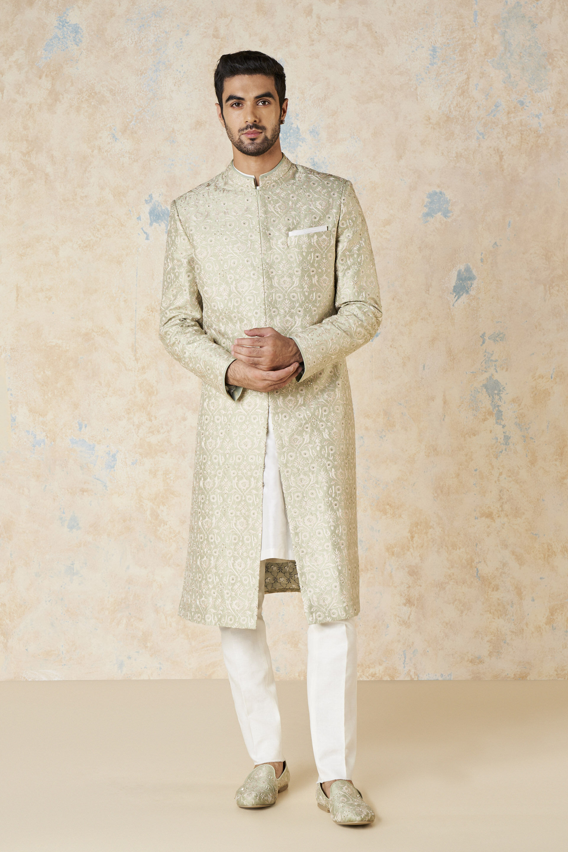 Aajay Zardozi & Aari Silk Sherwani - Sage, Sage, image 3
