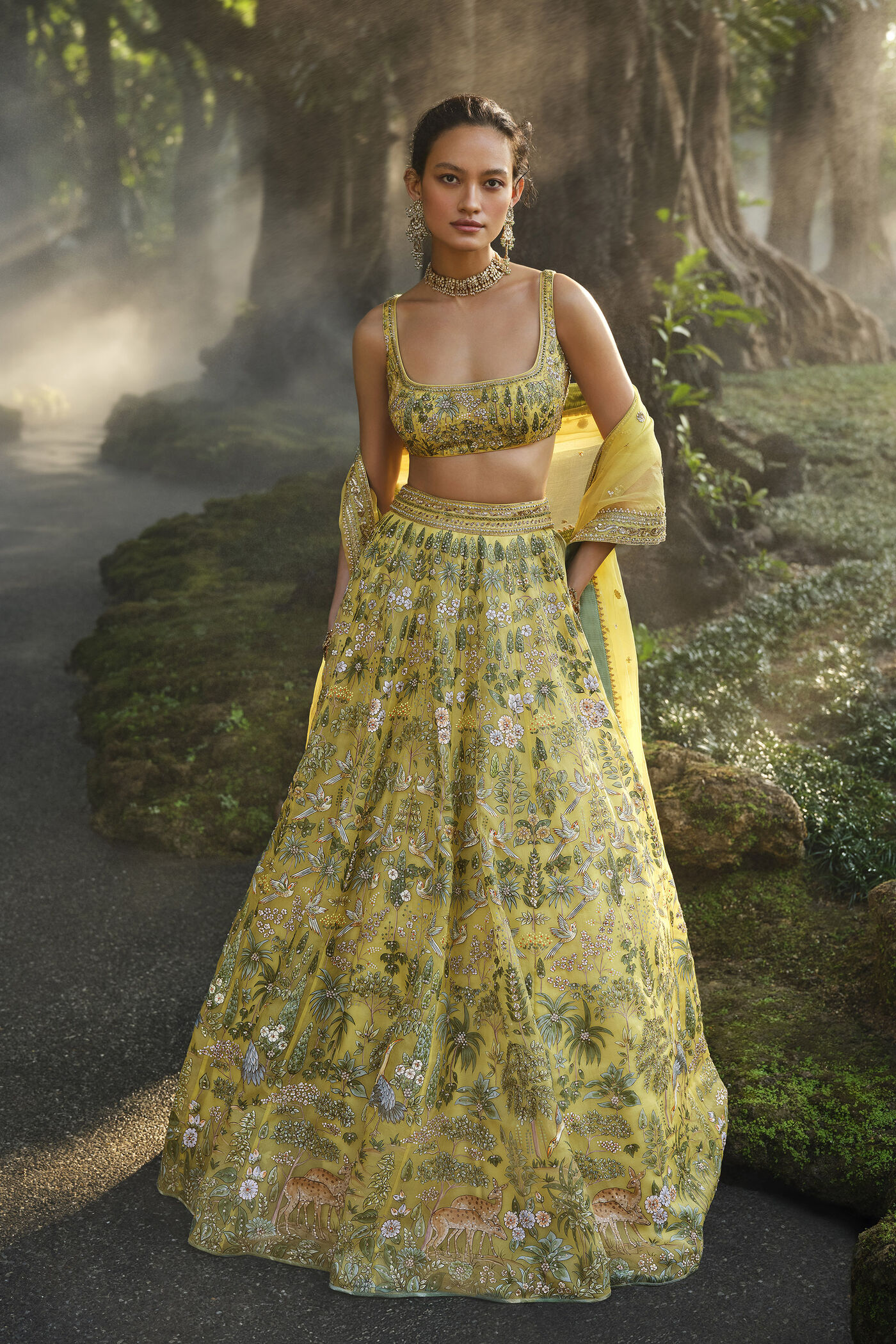 Meadowlark Hand-painted Pichhwai Silk Lehenga Set - Yellow