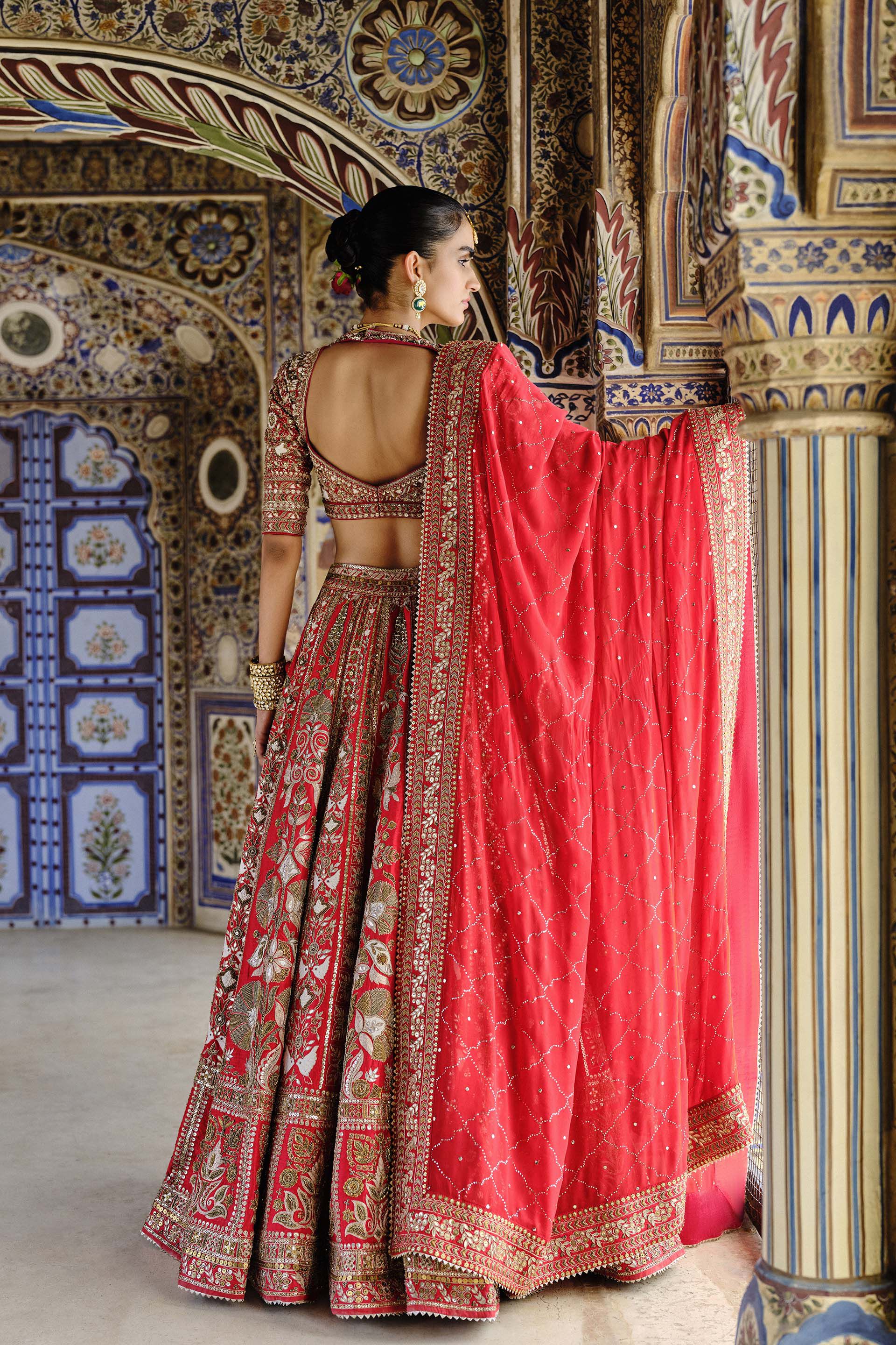 Mehreen Embroidered Zardozi Silk Lehenga Set Red