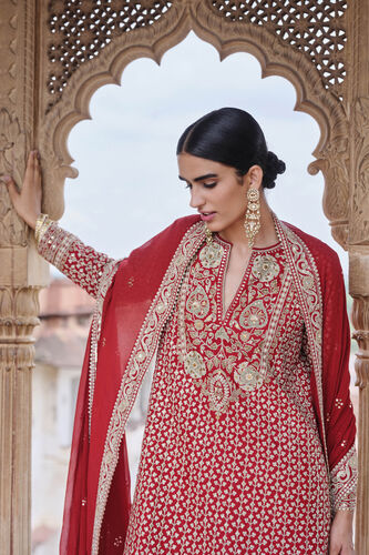 Mehkash Embroidered Cord Silk Suit Set - Red, Red, image 3