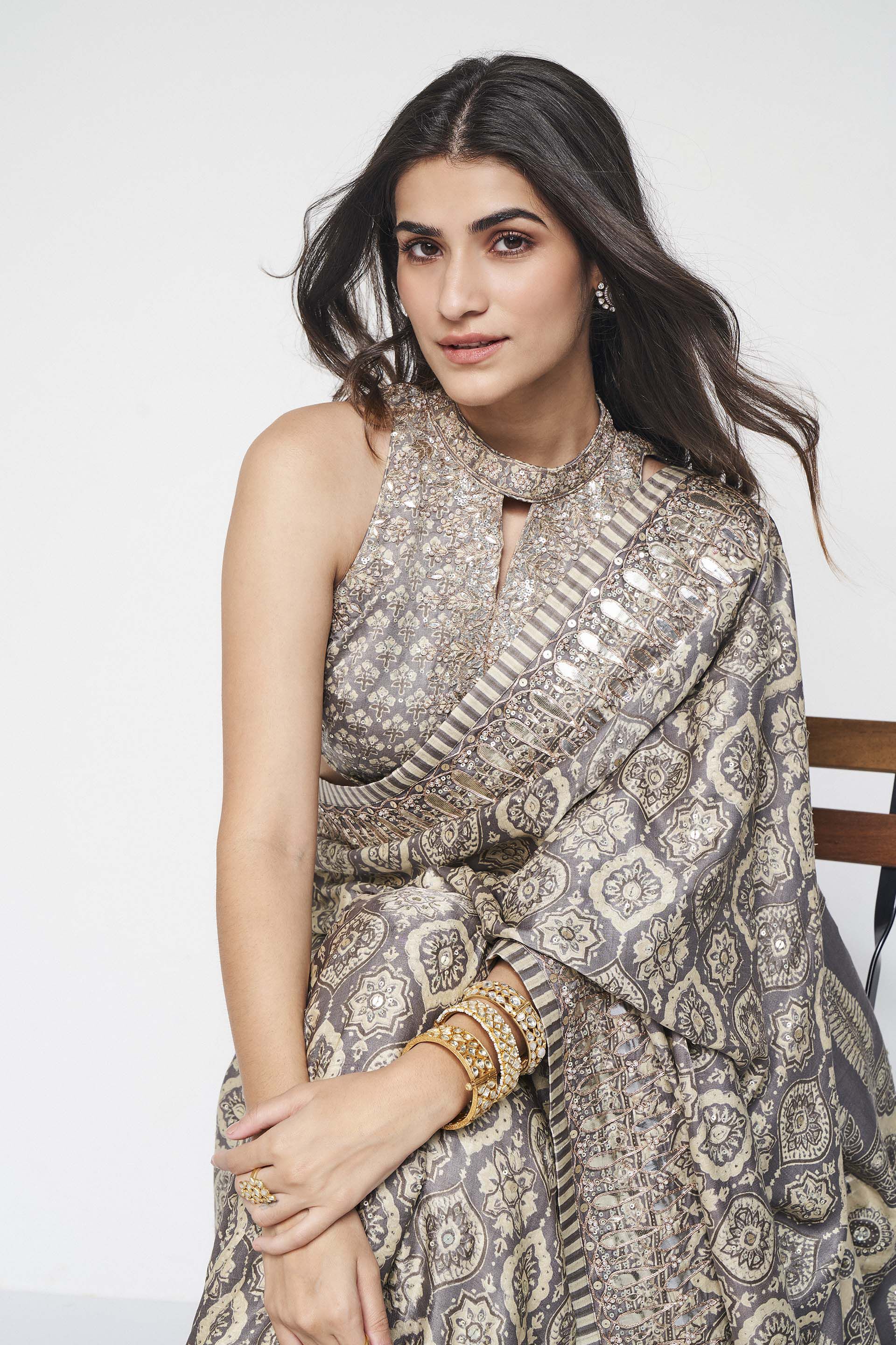 Shravani Ajrakh Hand-block Printed Silk Saree - Grey, Grey, image 1