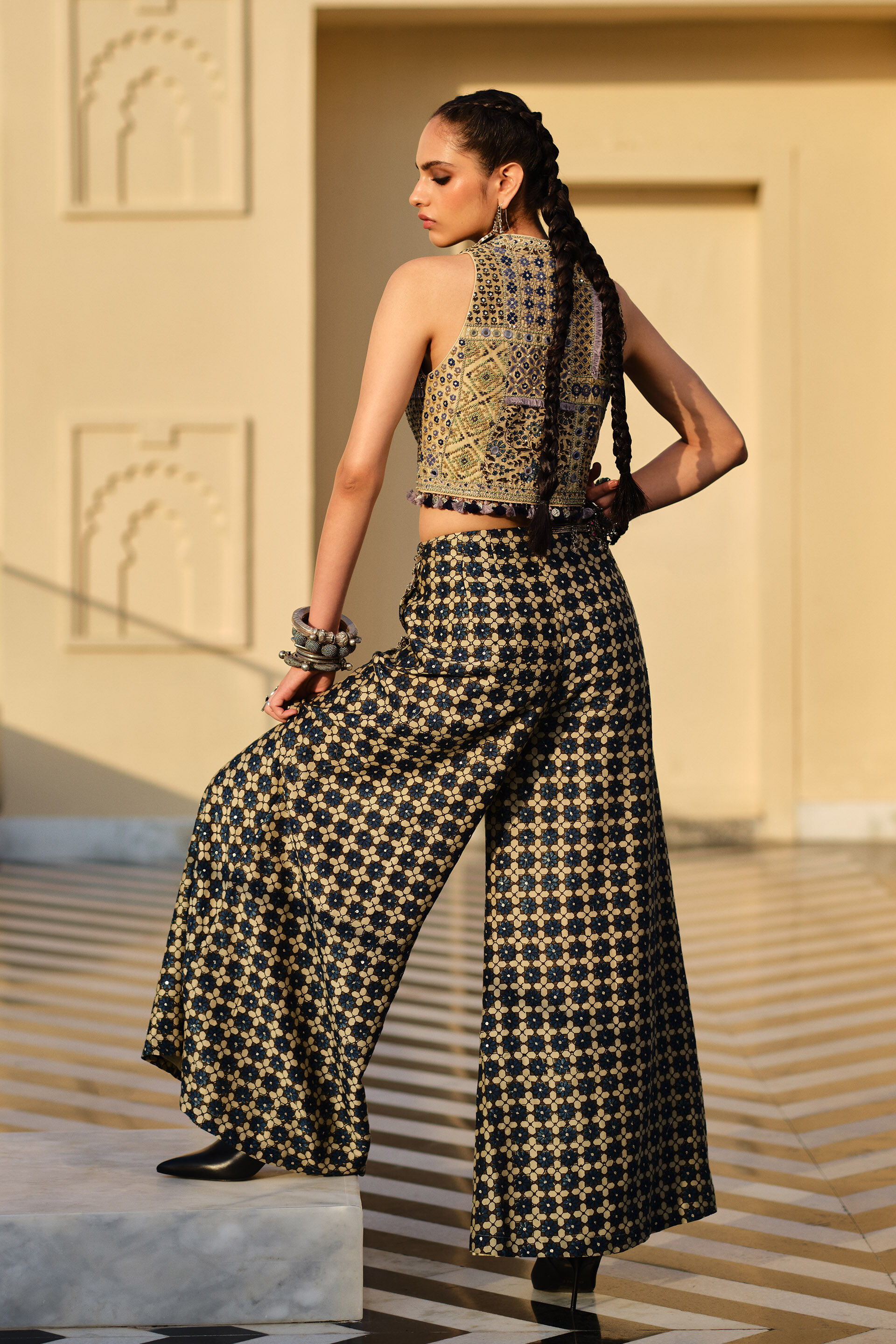 Poet Blue Mirror Embroidered Ajrakh Pant Set