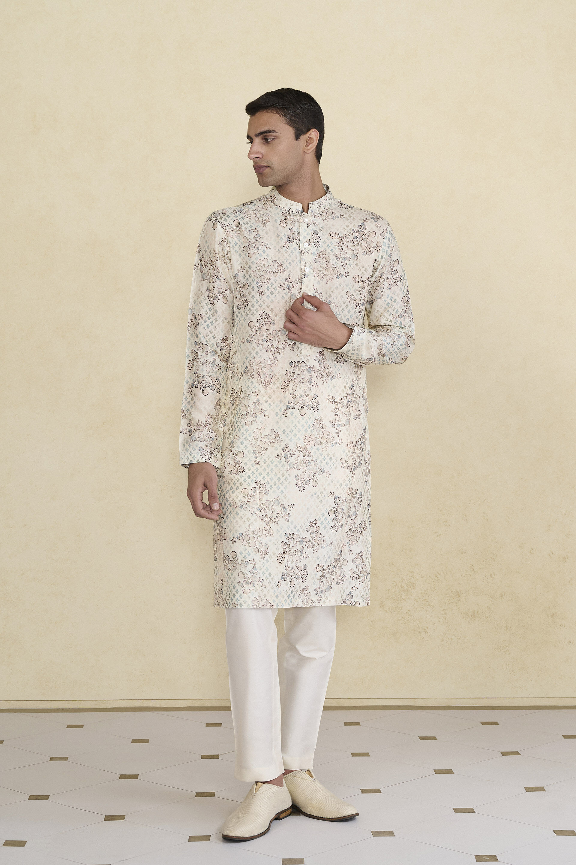 Rukham Printed Silk Kurta - Ivory