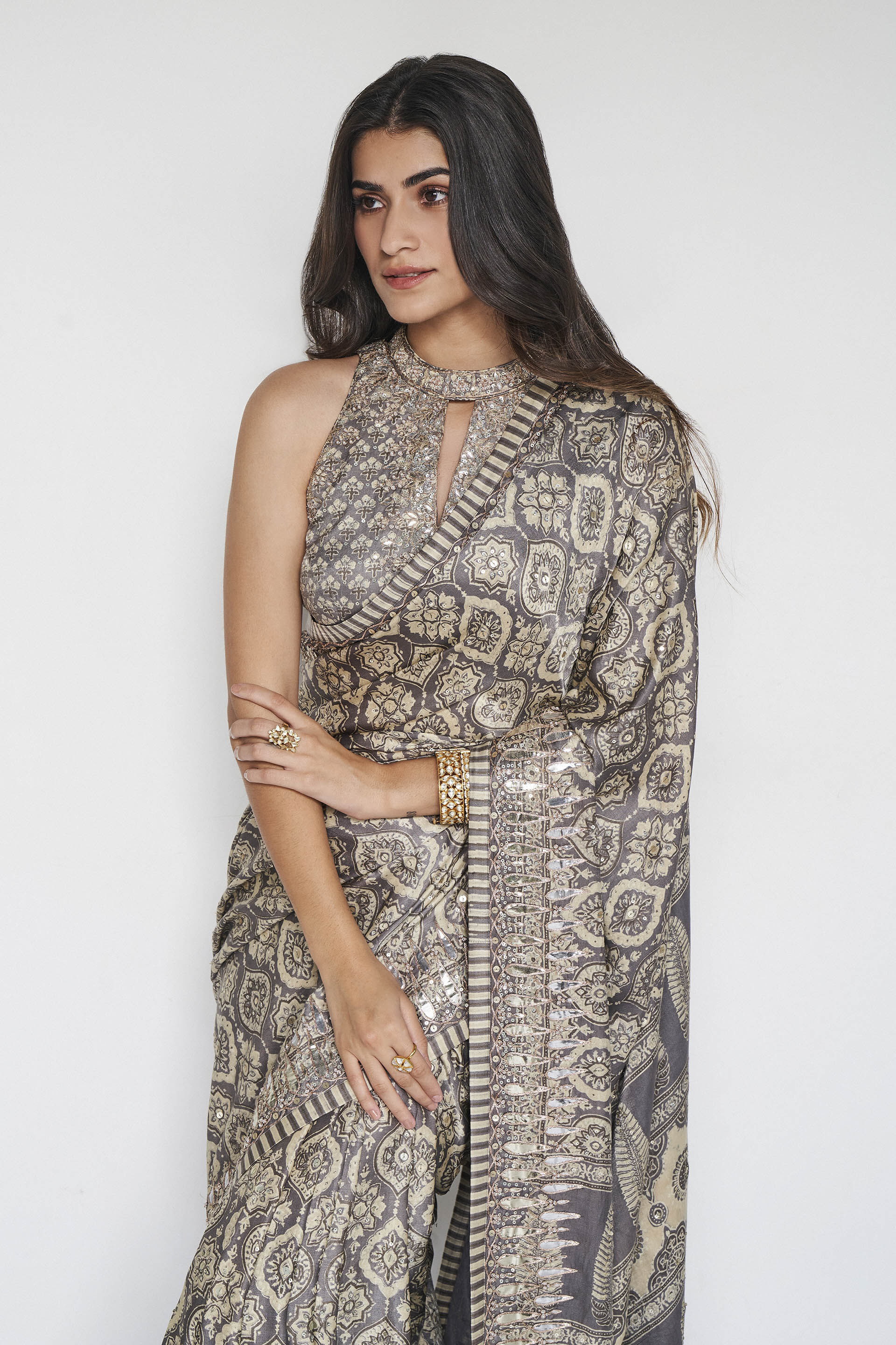 Shravani Ajrakh Hand-block Printed Silk Saree - Grey, Grey, image 7