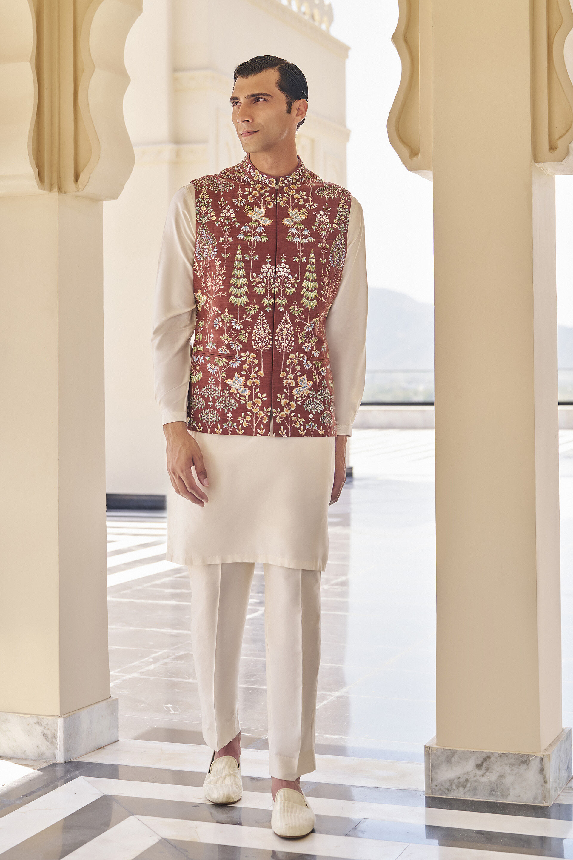 Ranav Brown Pichhwai Nehru Jacket
