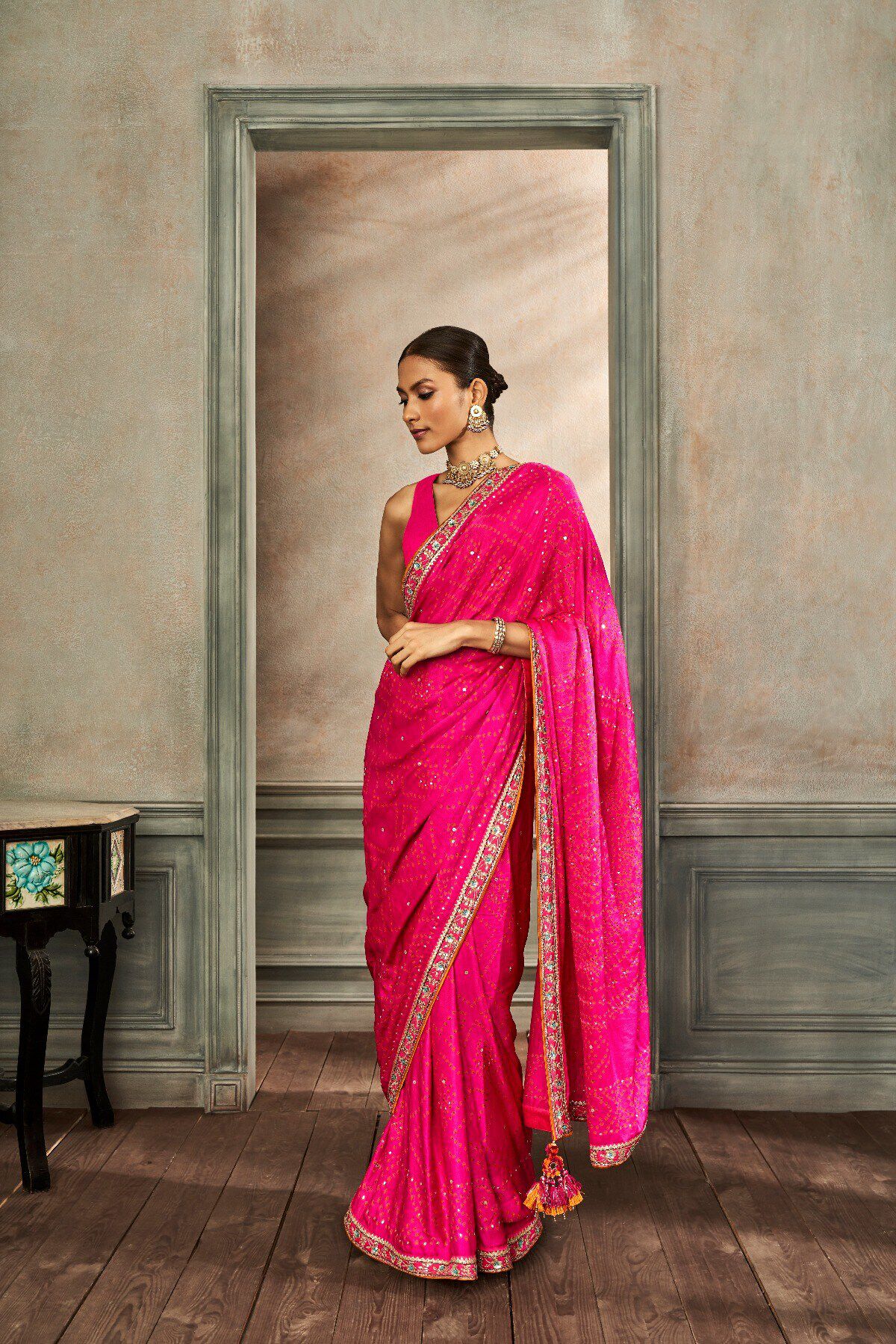 Shop Georgette Orange and Pink Printed Bandhani Saree Online : 143127 -