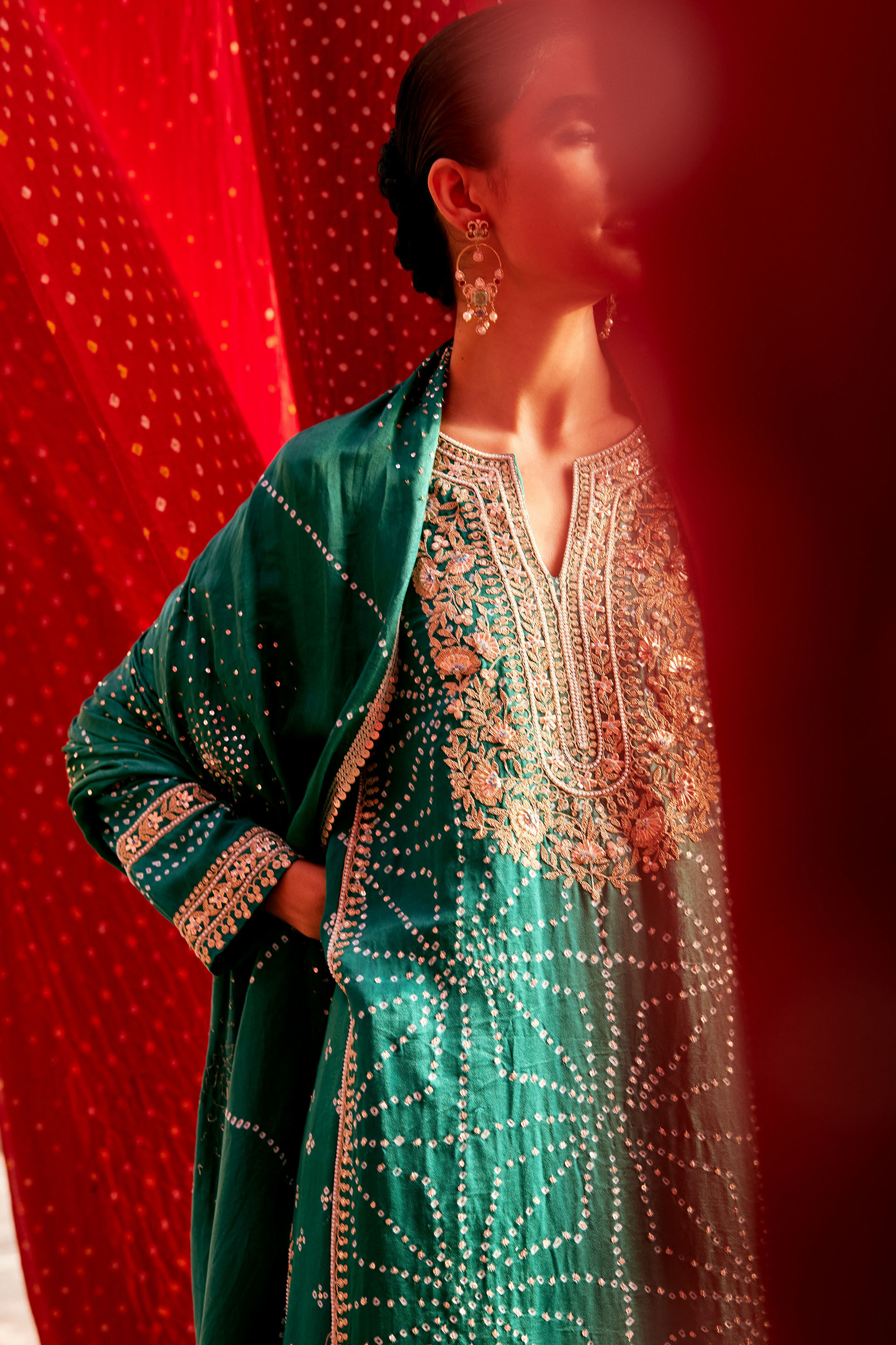 Piroska Handcrafted Bandhani Silk Suit Set - Green, Green, image 5