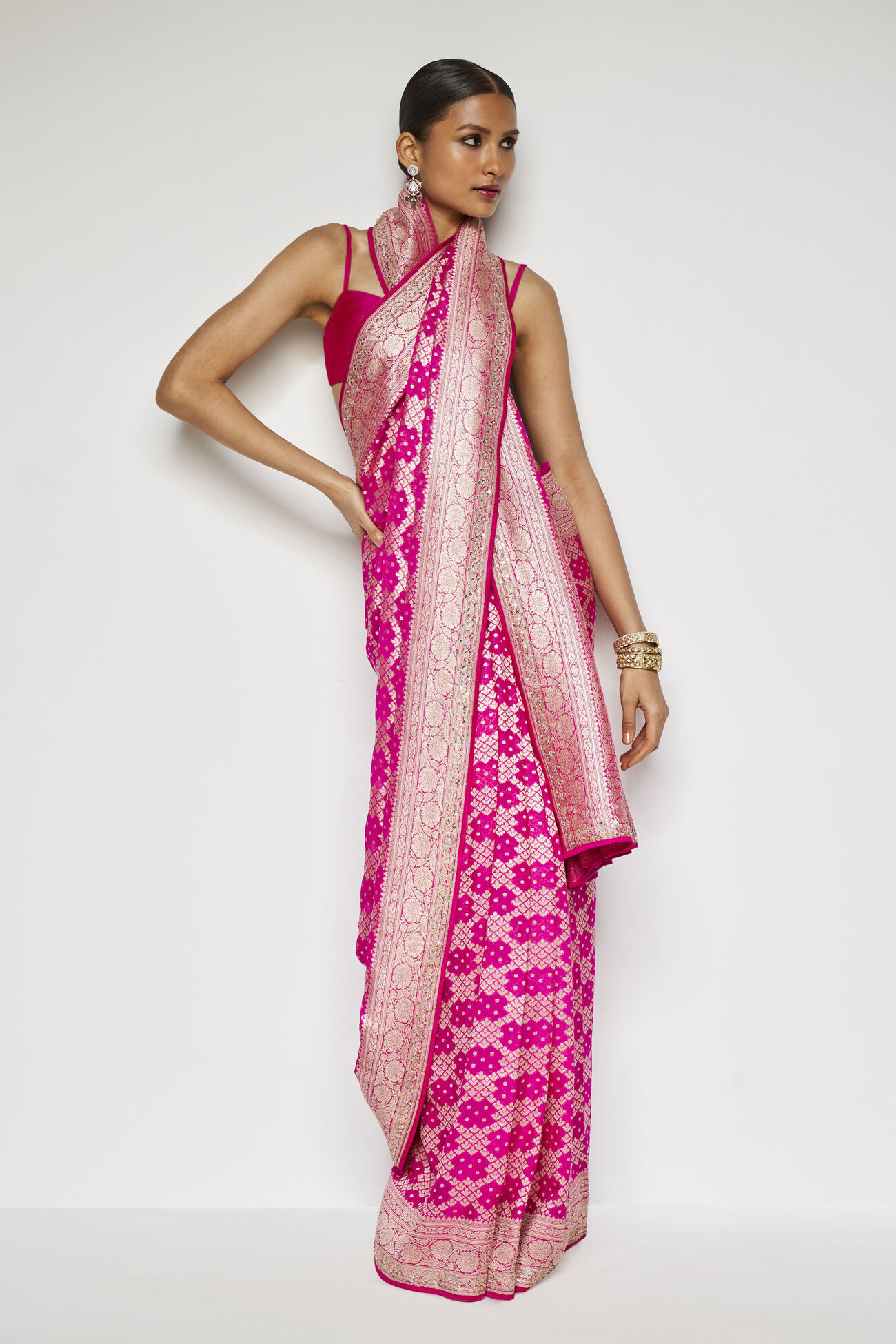 Gul Benarasi Silk Gota Patti Saree, Pink, image 3