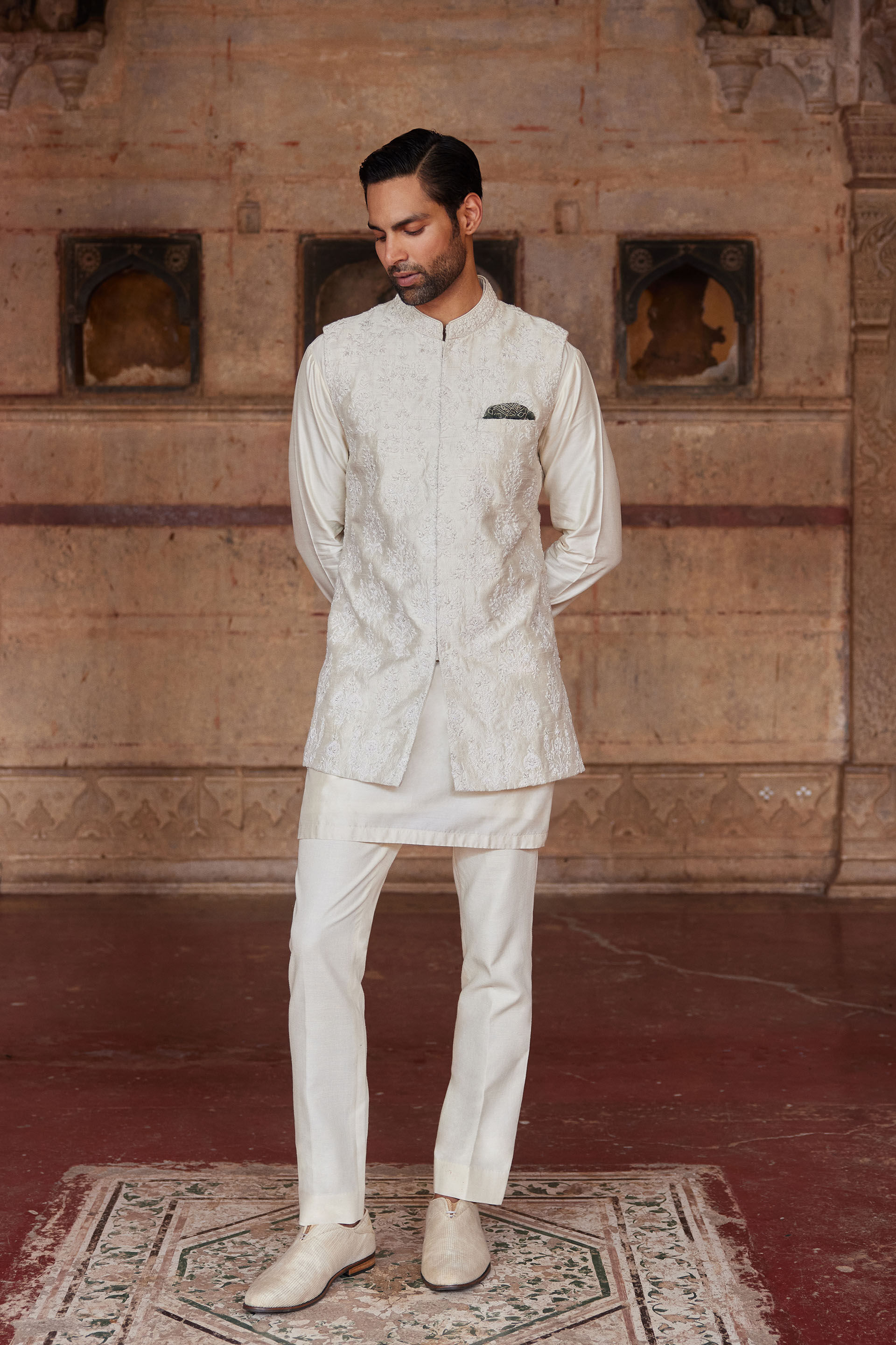 Palaksh Hand embroidered Silk Nehru Jacket Ivory