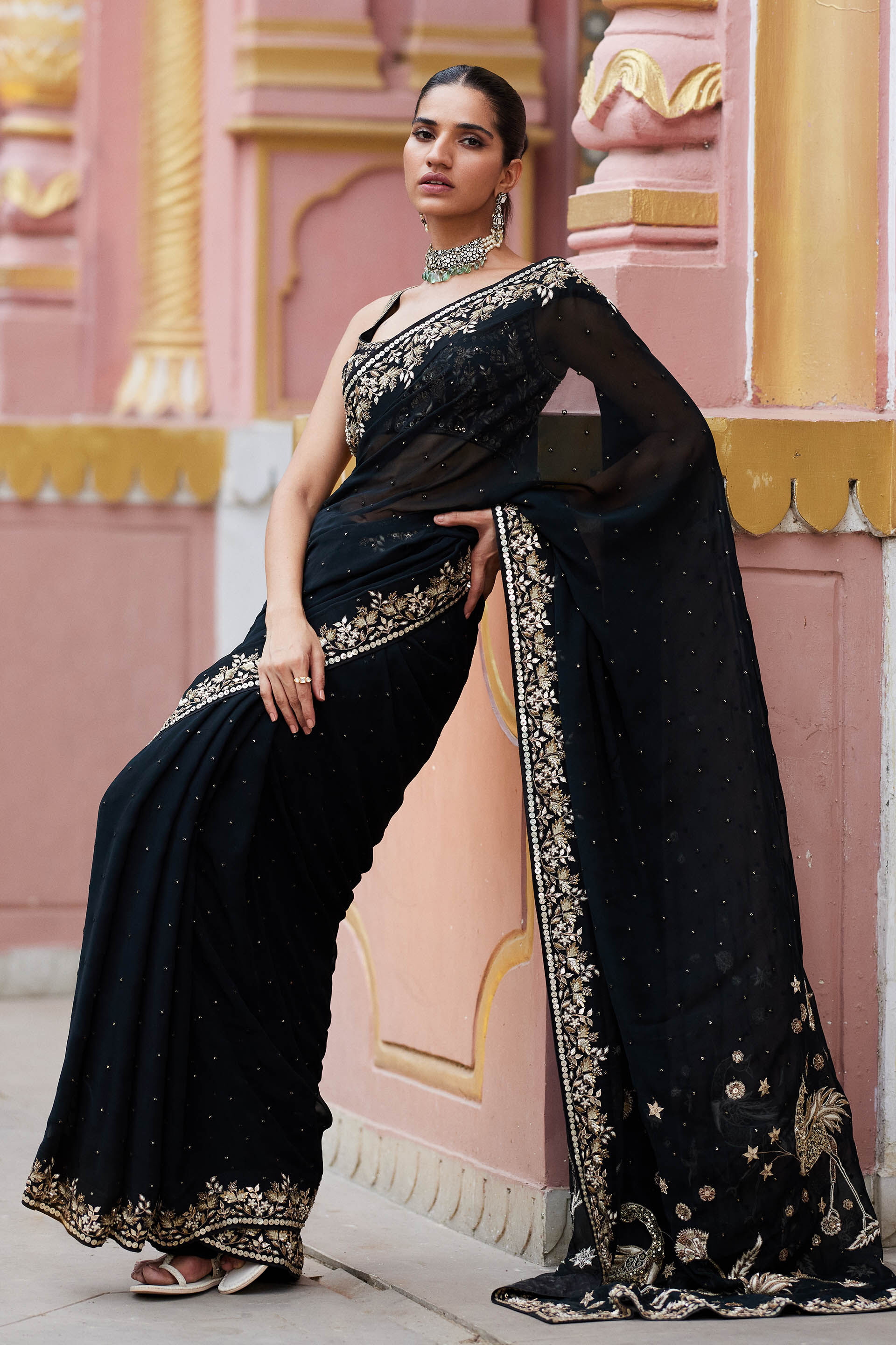 Black color soft banarasi silk saree with zari weaving work