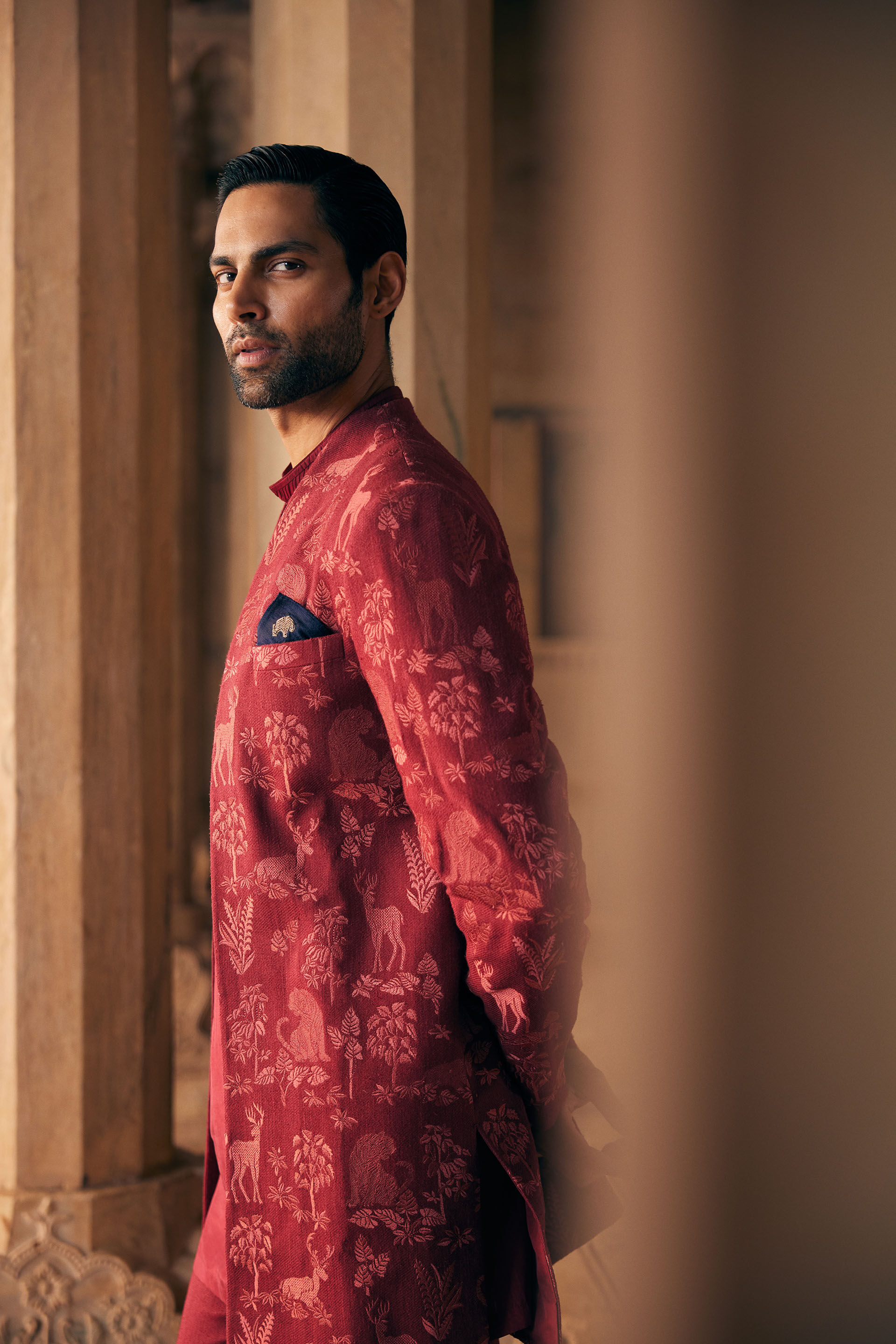 Silas Embroidered Silk Sherwani - Maroon, Maroon, image 3