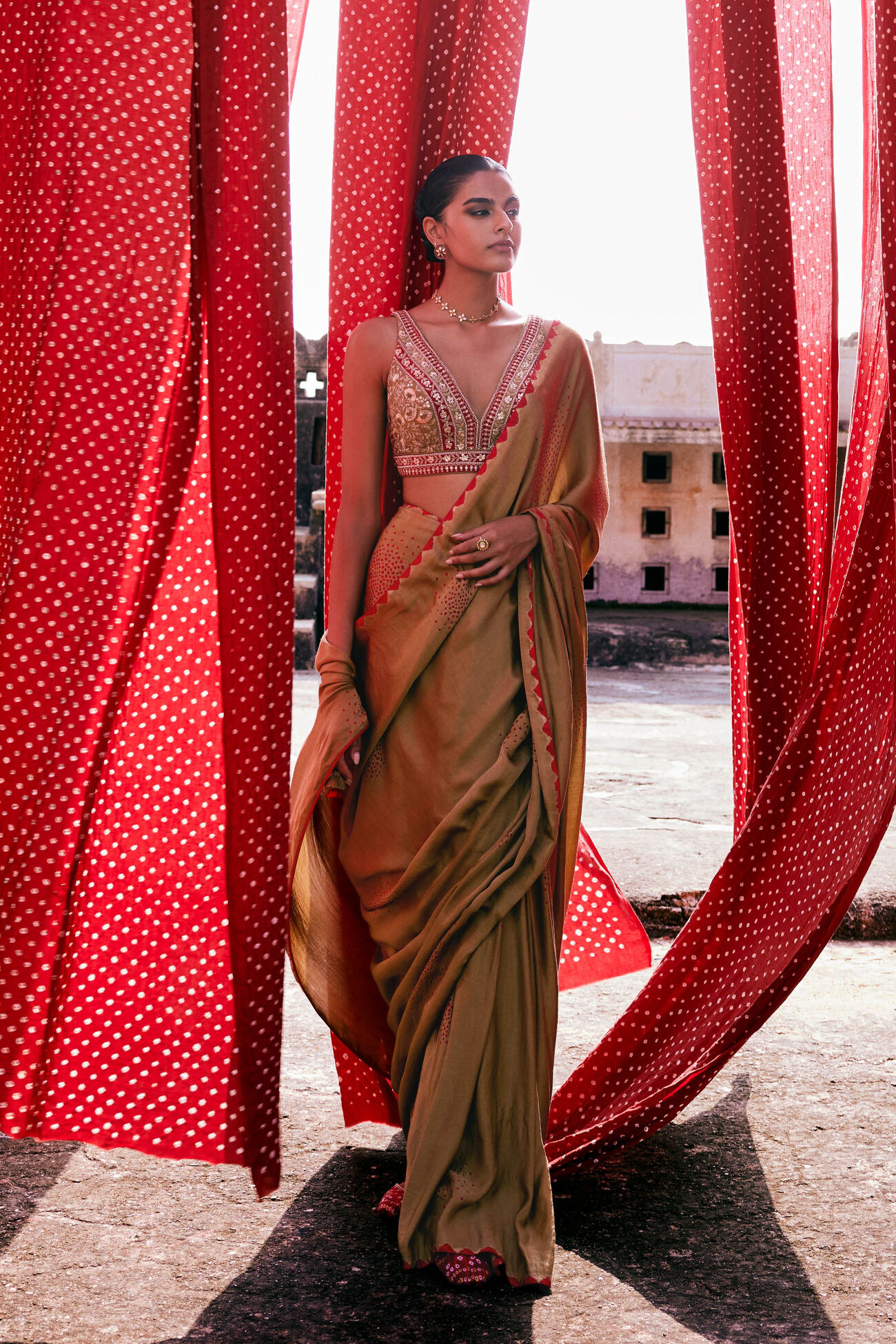 Buy Designer Maywa Handcrafted Bandhani Silk Predraped Saree Olive