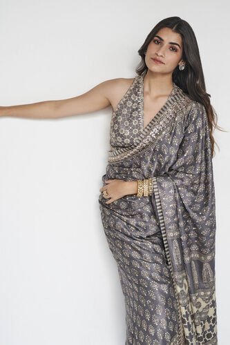 Ranjeeta Ajrakh Hand-block Printed Silk Saree - Grey, Grey, image 6