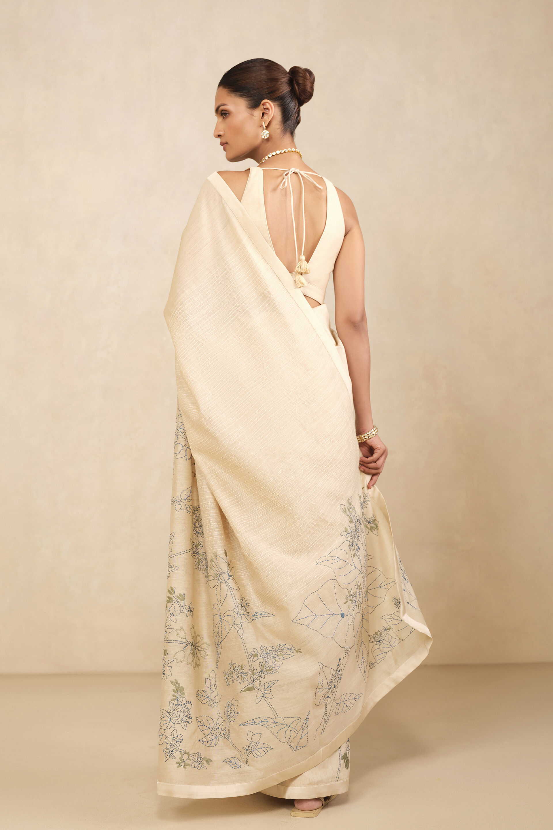 Haiku Hand-embroidered Kantha Silk Saree - Beige