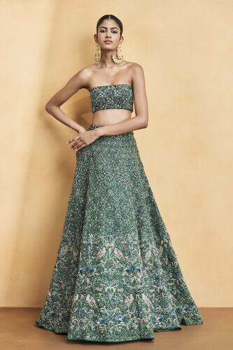 Deep Into The Forest Embroidered Zardozi Silk Skirt Set - Green, Green, image 1